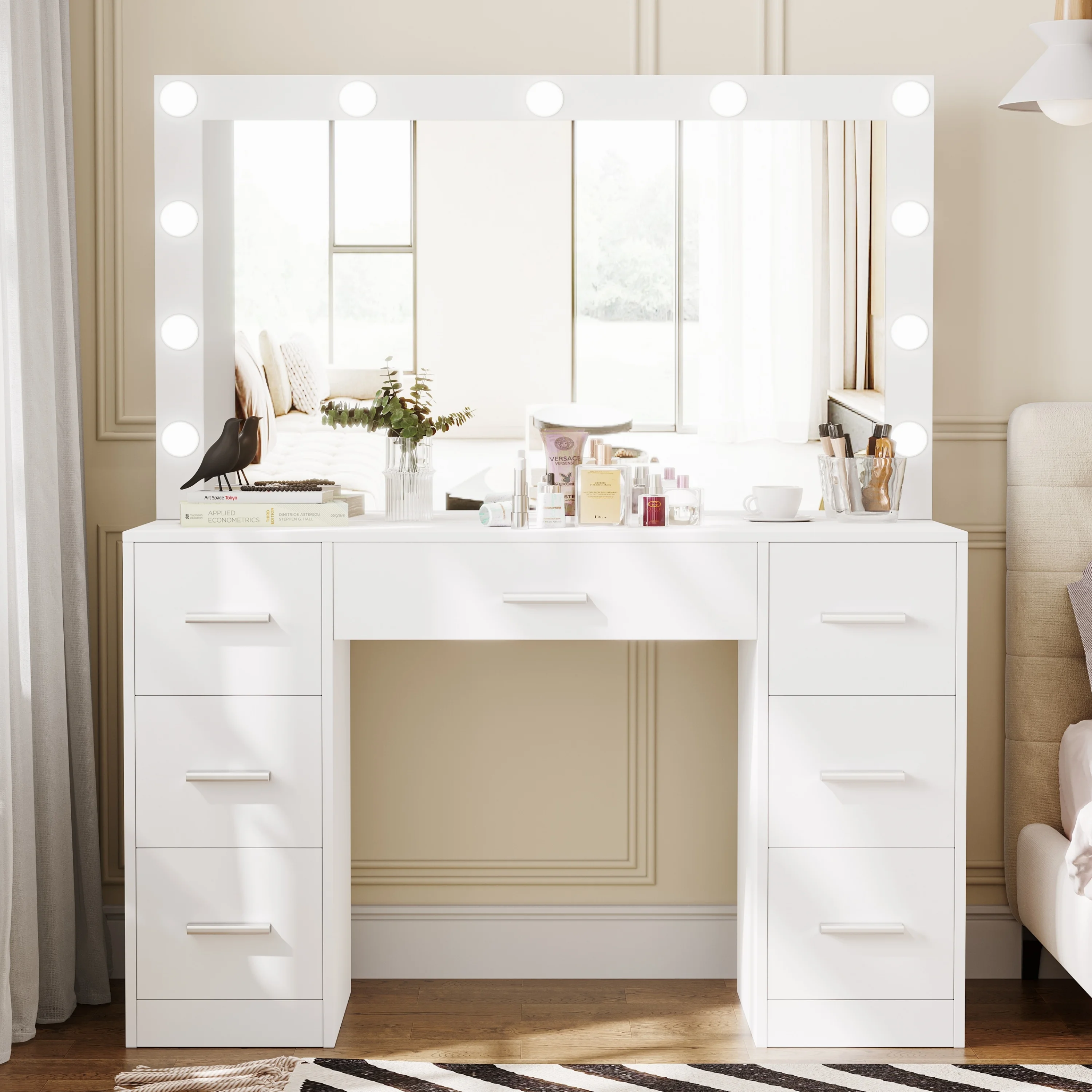 Makeup Vanity Table with Large Mirror and 3-mode Lights, 7-Drawer Dressing Table, Bedroom Makeup Table, White LYVT004W