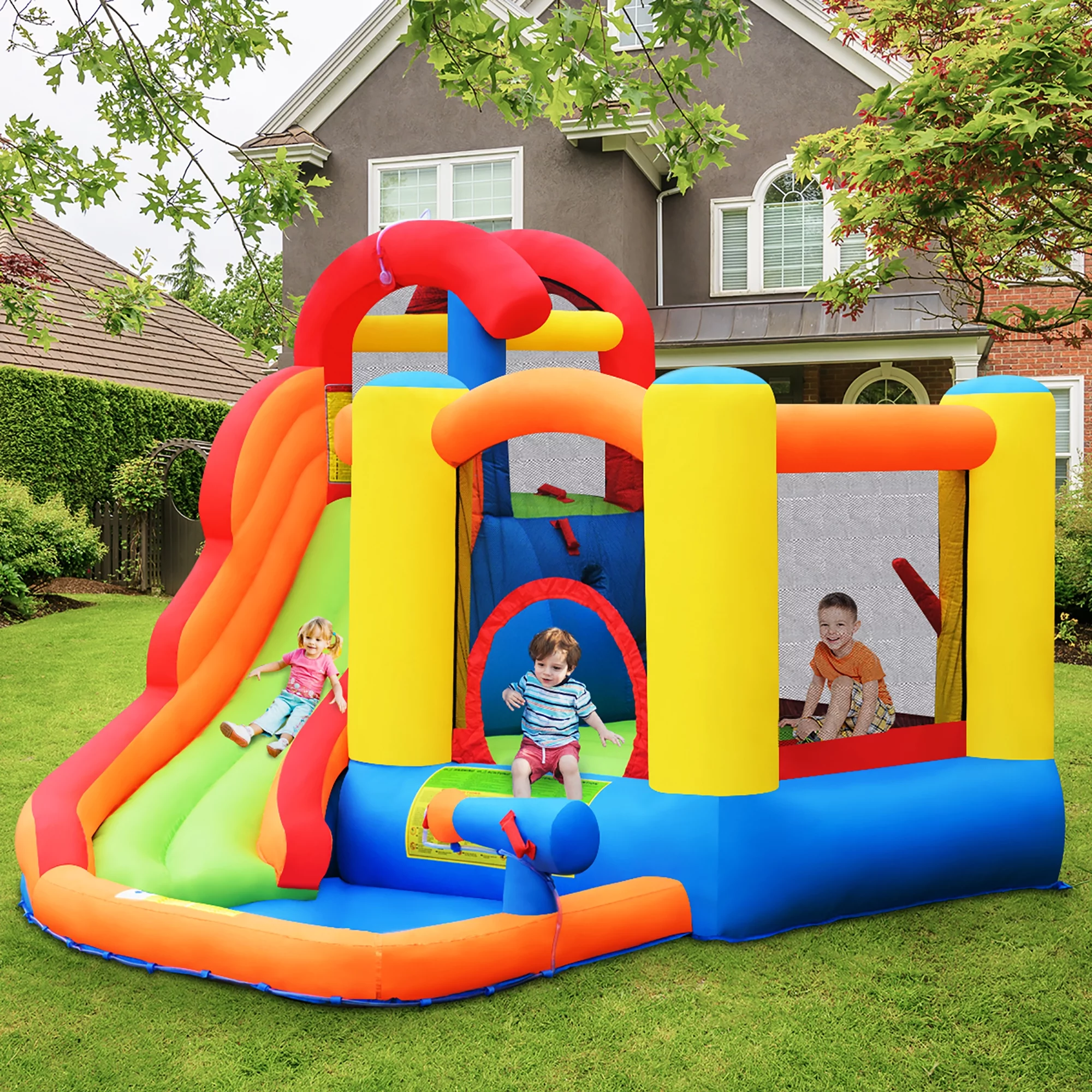 Costway Inflatable Bounce House Water Slide w/ Climbing Wall Splash Pool Water Cannon