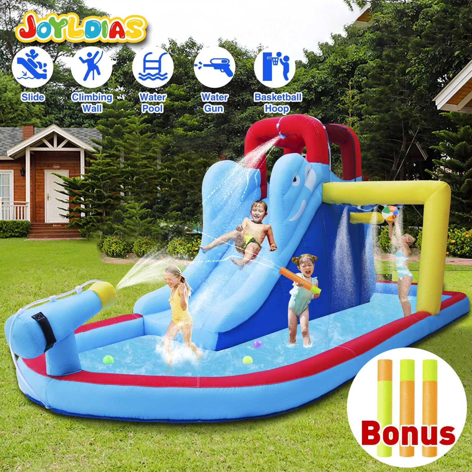 JOYLDIAS Kids Inflatable Water Slide Bouncer Playhouse Castle with 3 Water Guns, Splash Pool, Climbing Wall, Basketball Hoop, Bag, Air Blower