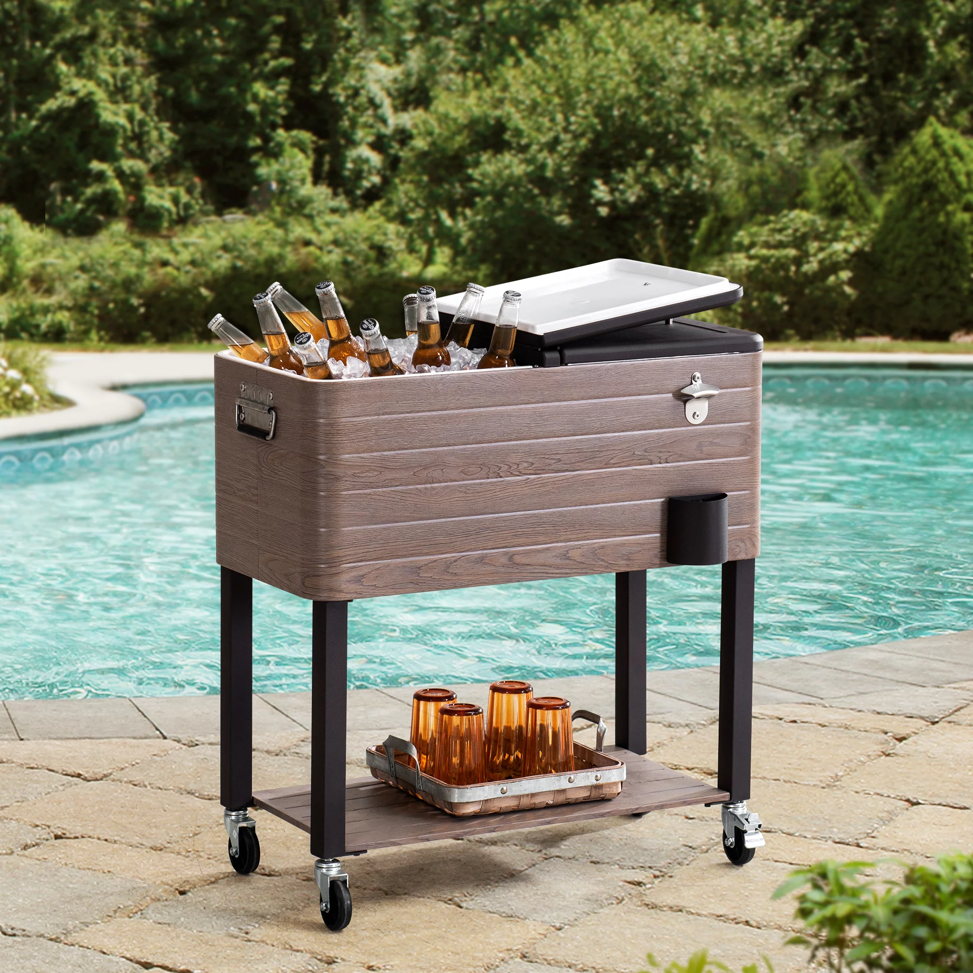 Sunjoy Alabama Collection Rolling Ice Chest Portable Patio Party Drink Cooler Cart 80 qt.