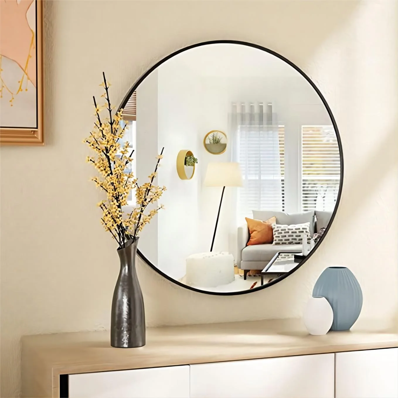 BEAUTYPEAK 24″ Wall Mirror Bathroom Mirror Wall Mounted Round Mirror, Black