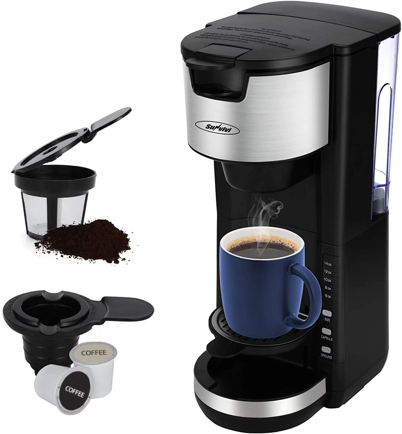 Superjoe Single Serve Coffee Maker for Single Cup Pod & Coffee Ground, Compact Coffee Brewer with 6 to 14 oz Brew Sizes, Black Coffee Machine with Water Reservoir