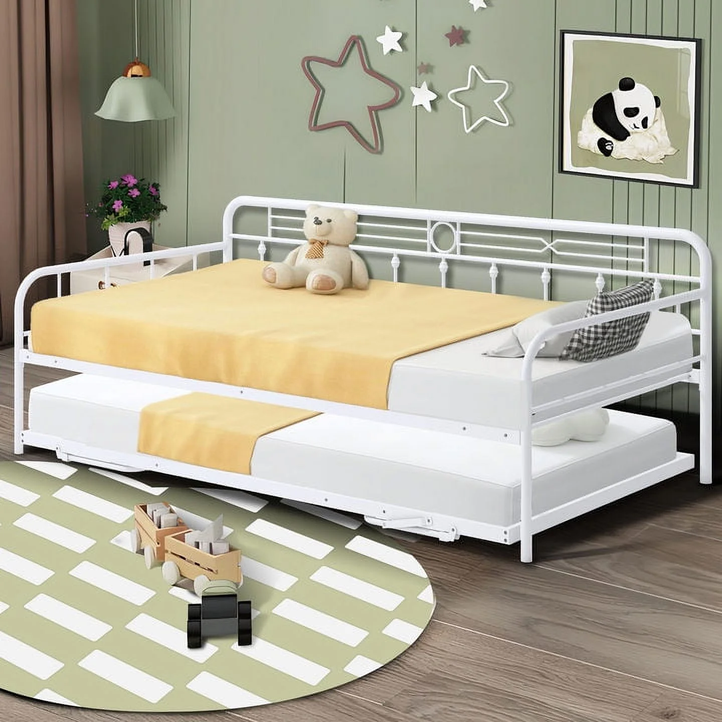 PAPROOS Twin Size Daybed, Metal Sofa Bed with Adjustable Trundle, White