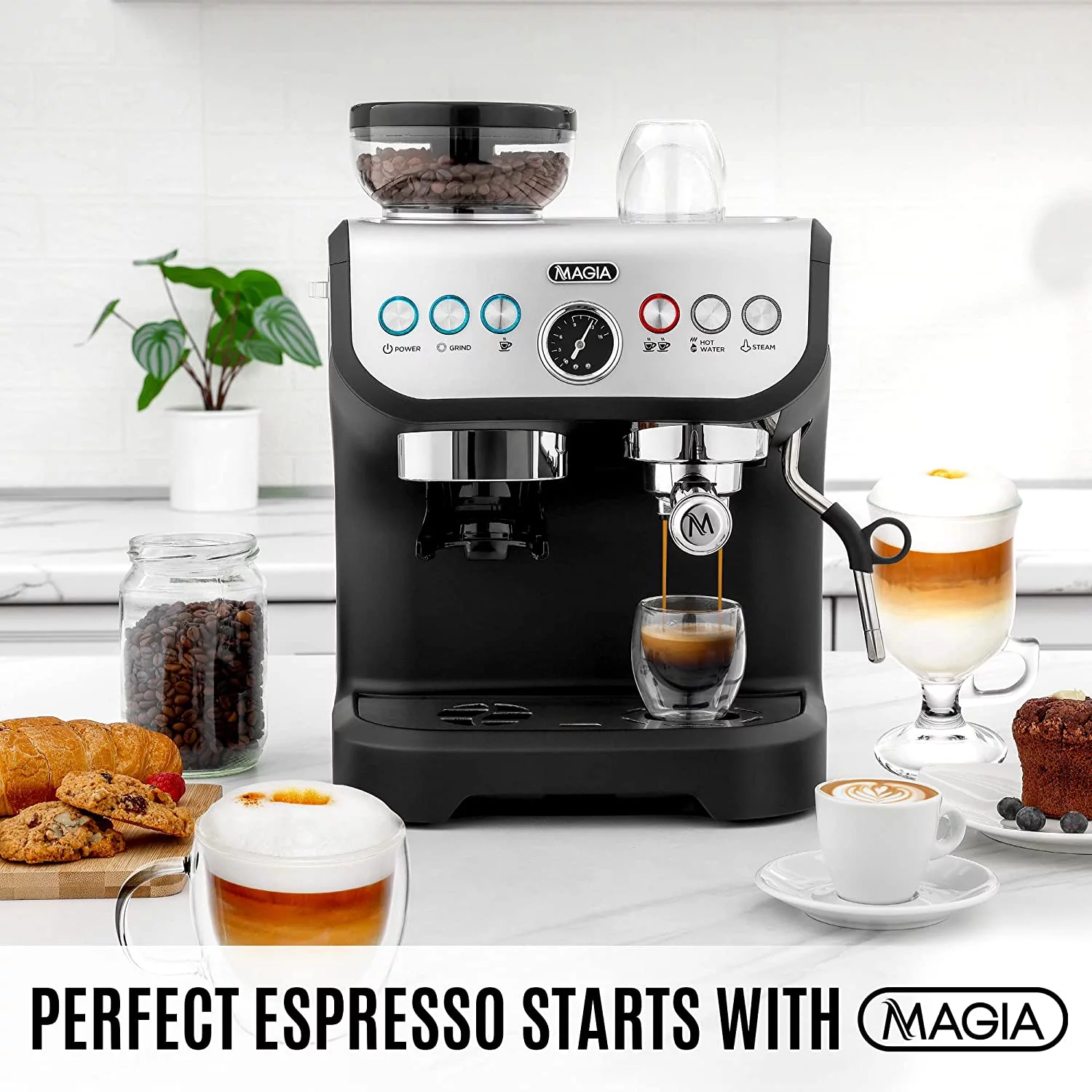 Zulay Kitchen Magia Manual Espresso Machine with Grinder and Milk Frother Latte Cappuccino Machine