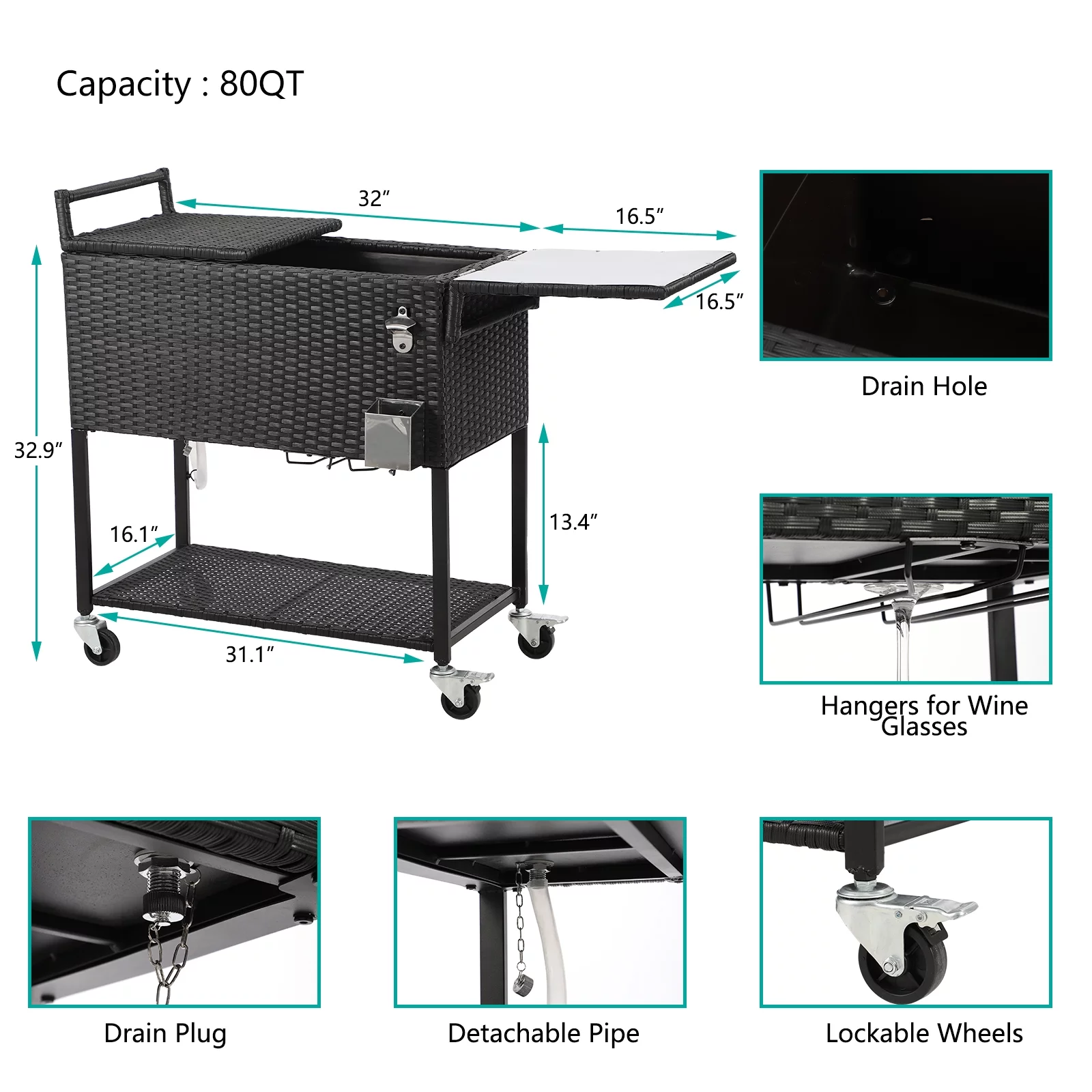 Haverchair 80 Quart Rattan Rolling Cooler Cart, Portable Wicker Cooler Trolley, Ice Chest with Shelf, Bottle Opener, Cap Catcher, Water Pipe and Cover(Dual Top-Black Wicker)