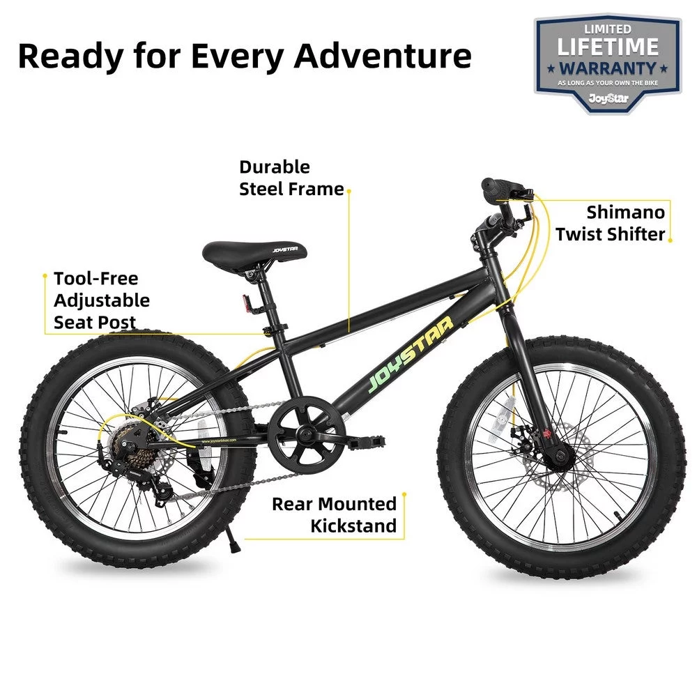 JOYSTAR 20 Inch Mountain Bike for Kids Ages 7-12 Year Old, 3-Inch Wide Knobby Tires, 7 Speed Shimano Drivetrain, Disc Brakes, Fat Tire Kids Bicycles for Boys Girls