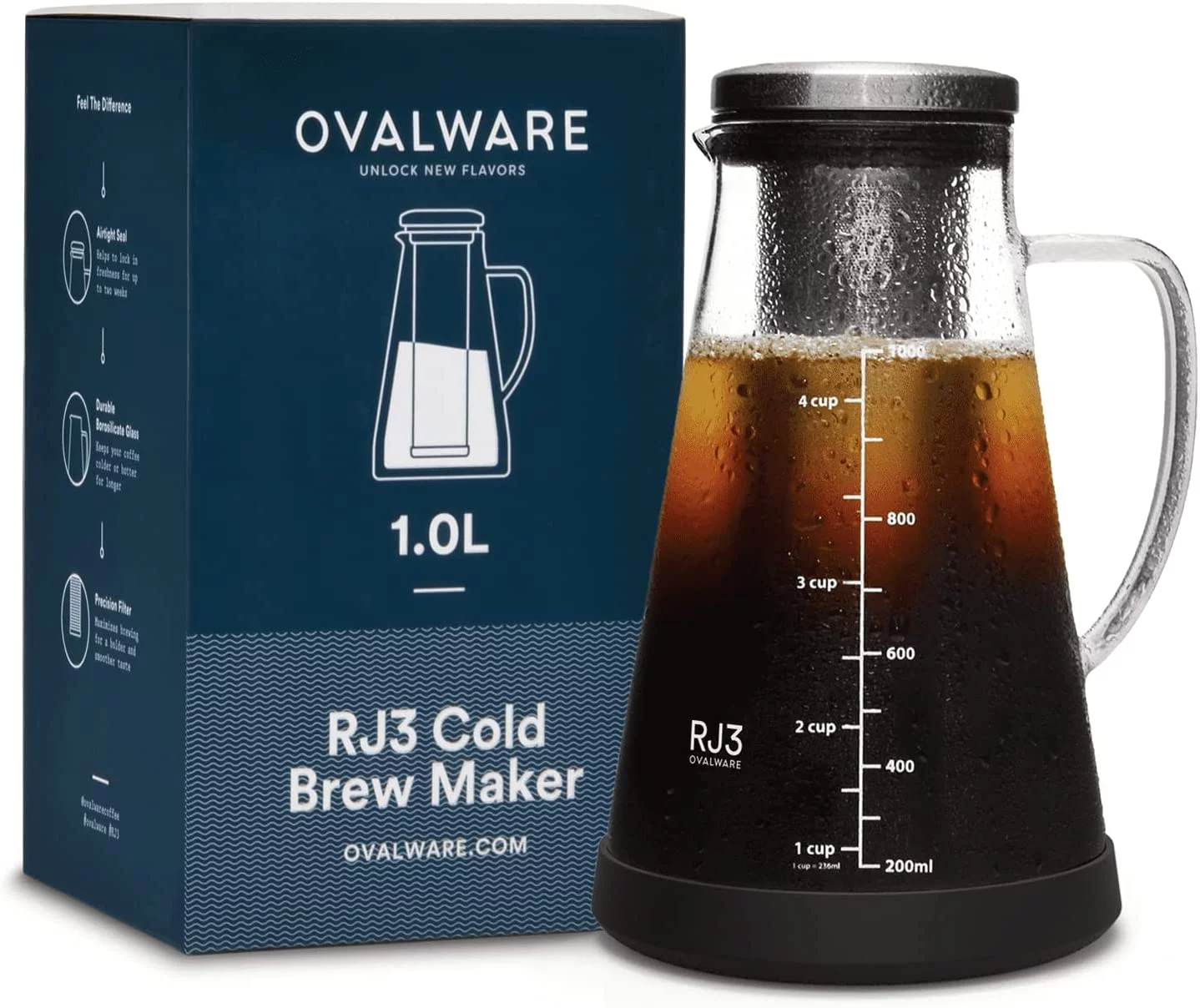 Airtight Cold Brew Iced Coffee Maker & Tea Infuser with Spout – 1L Ovalware RJ3 Brewing Glass Carafe