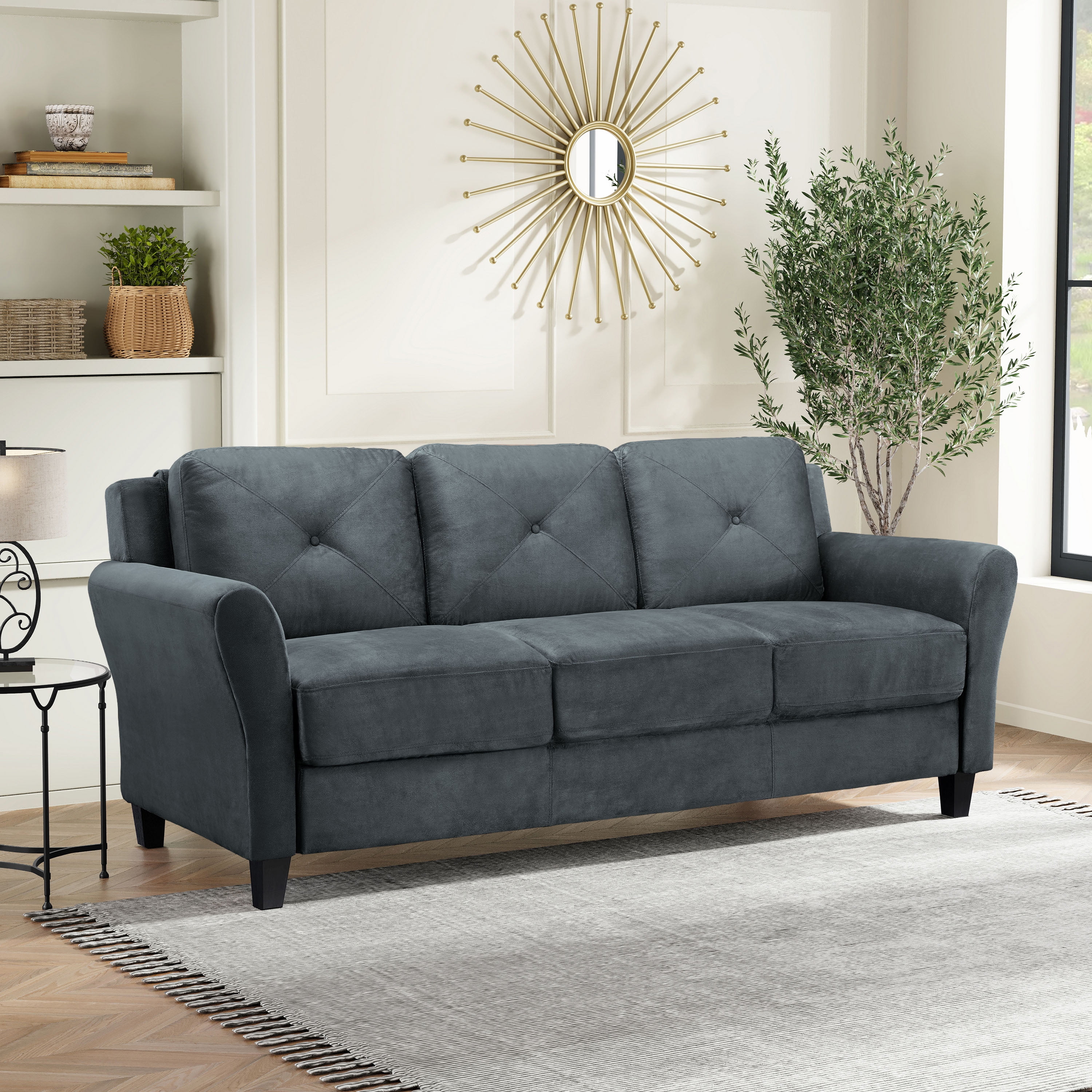 Lifestyle Solutions Taryn Traditional Sofa with Curved Arms, Black Fabric Upholstery