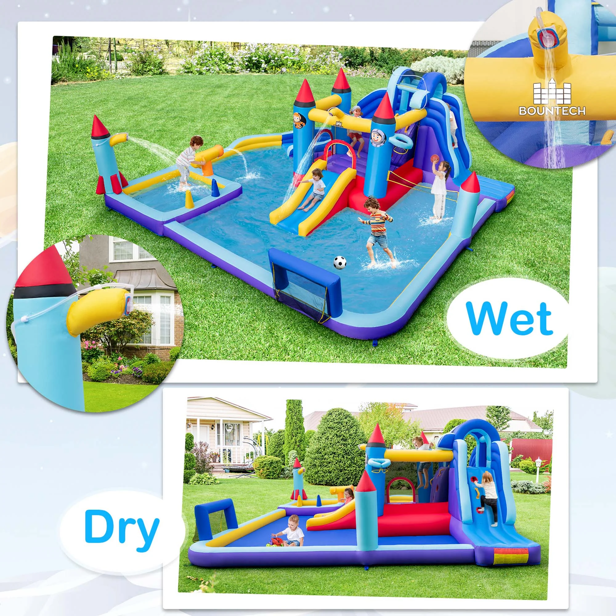 Costway Rocket Theme Inflatable Water Slide Park with 2 Slides Splash Pool without Blower