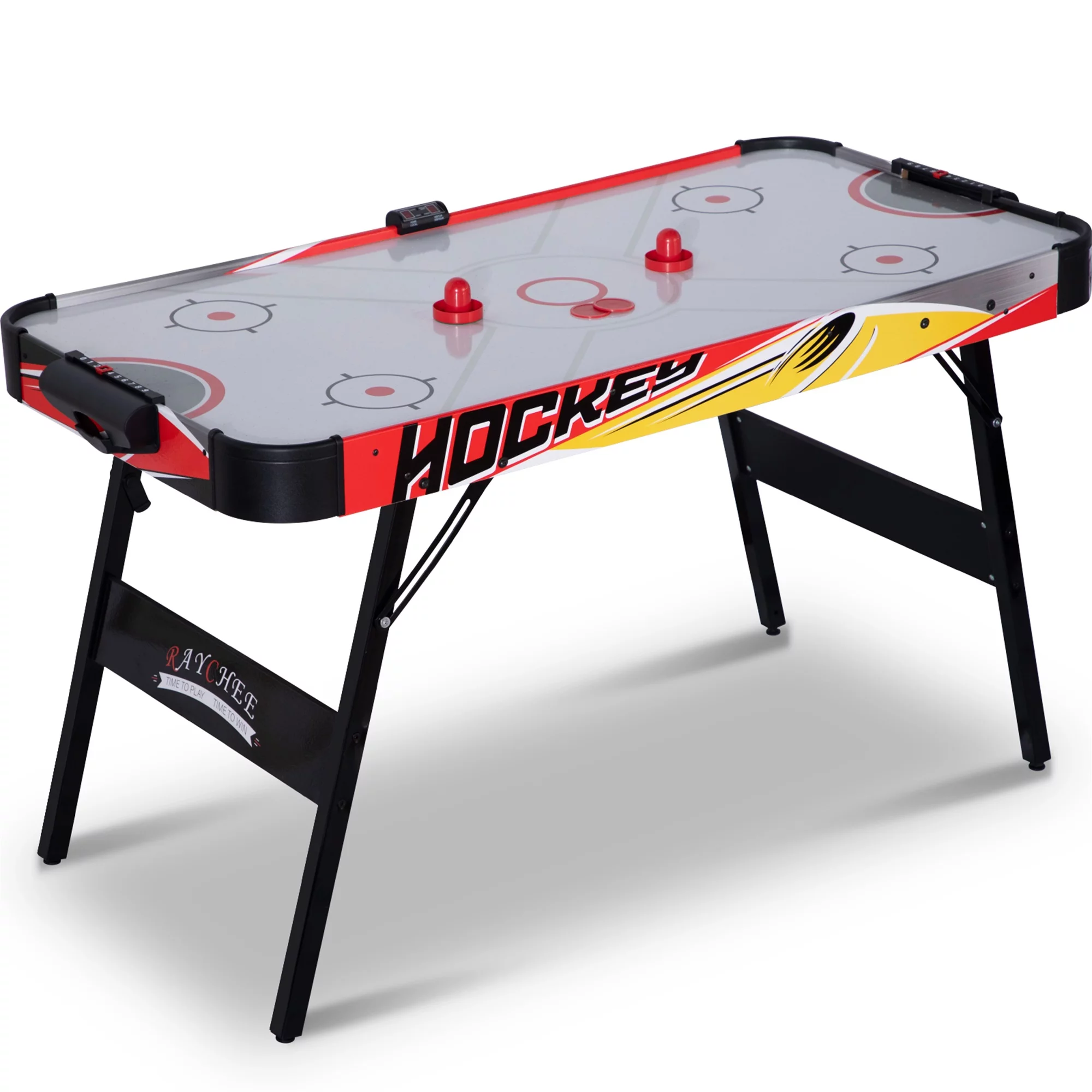 RayChee 54in Folding Air Hockey Table, Hockey Table Gaming Set for Game Room w/2 Pucks, 2 Pushers, 12V Motor for Adults and Kids (Oak)