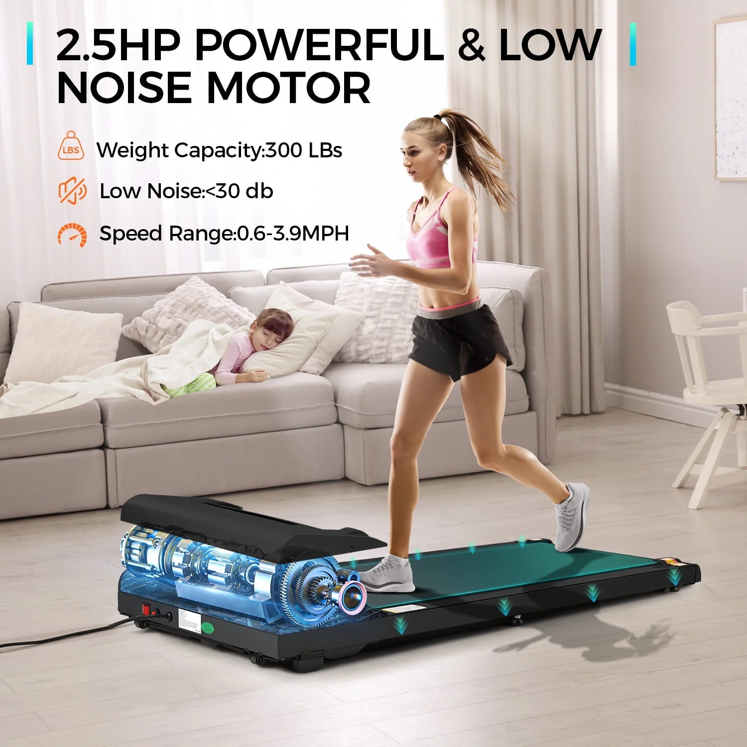 Adnoom Walking Pad Treadmill Under Desk Treadmills for Home,Smart App Remote Control 2.5HP Electric Jogging Running Machine with LED Display