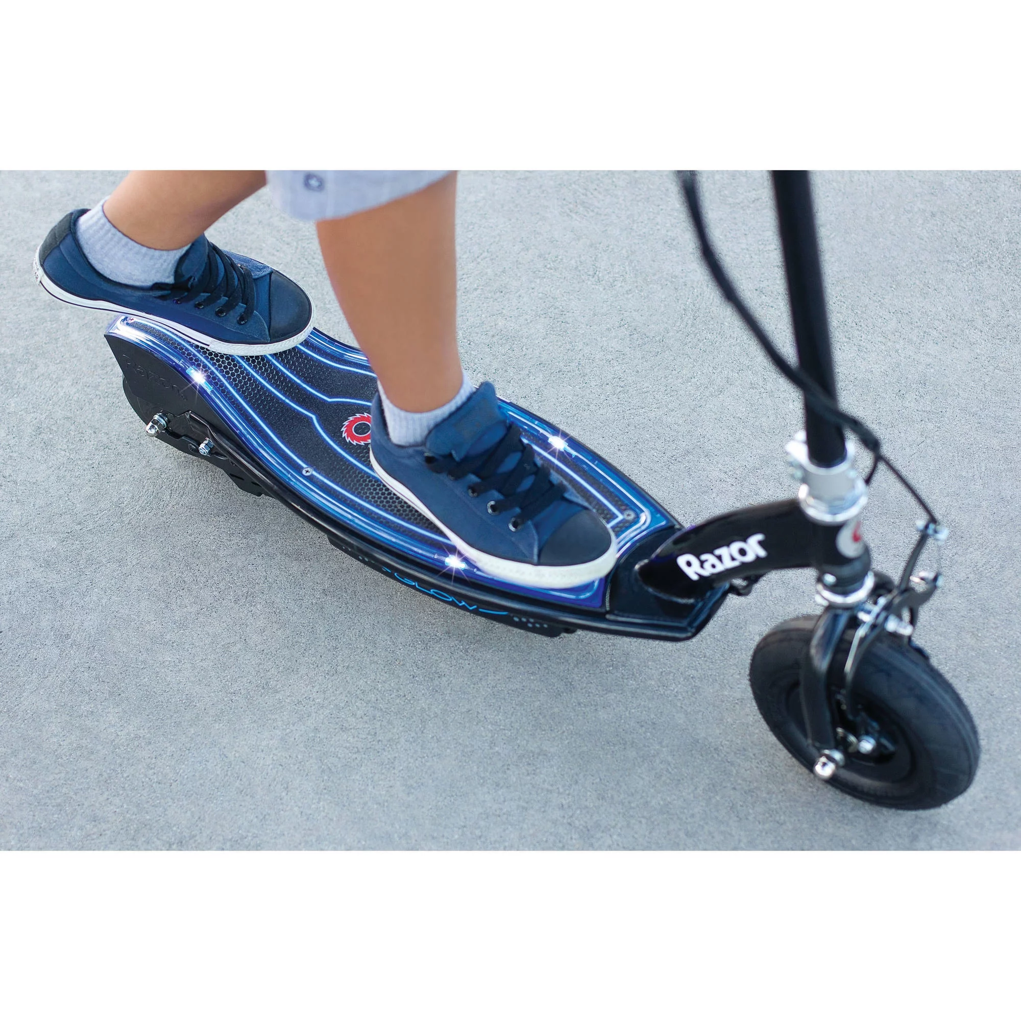 Razor E100 Glow Electric Scooter for Kids Ages 8+ and up to 120 lbs, 8″ Pneumatic Front Tire, LED Light-Up Deck, 100W Chain Motor, Up to 10 mph & up to 40 mins Ride Time, 24V Sealed Lead-Acid Battery