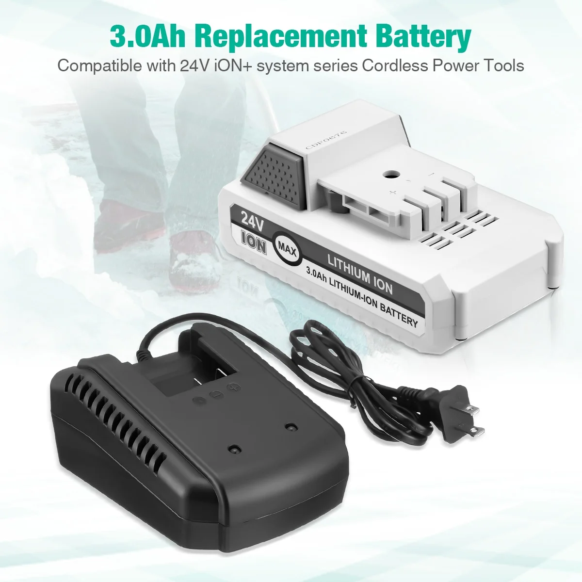 3.0Ah 24V Lithium-ion Battery and Battery Charger for Snow Joe + Sun Joe 24V Cordless