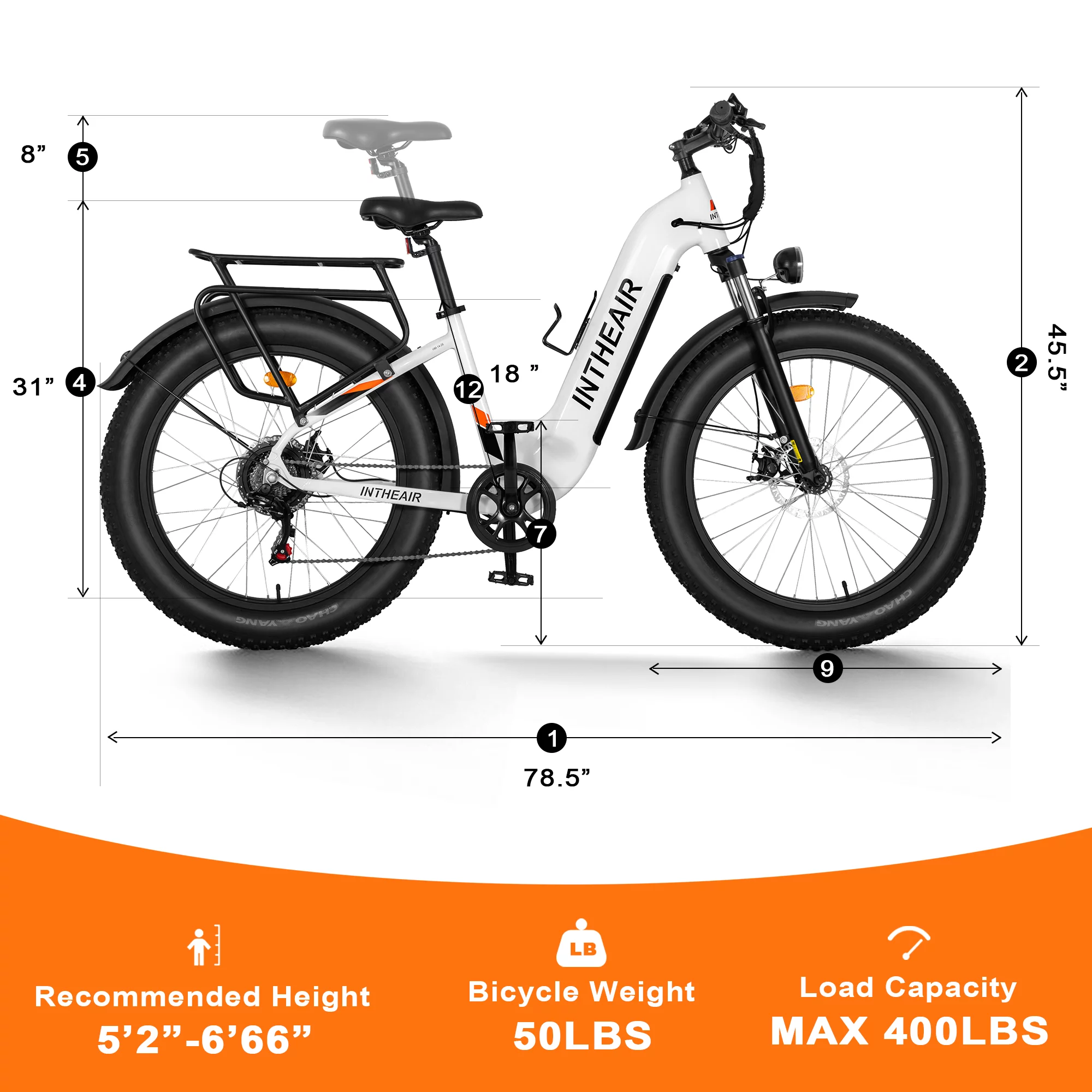 INTHEAIR Rocket-ST Electric Bike 26″ x 4.0 Fat Tire Step-Thru ebike For Adults 750W Motor 48V 14.5A Battery Shimano 7 Speed White