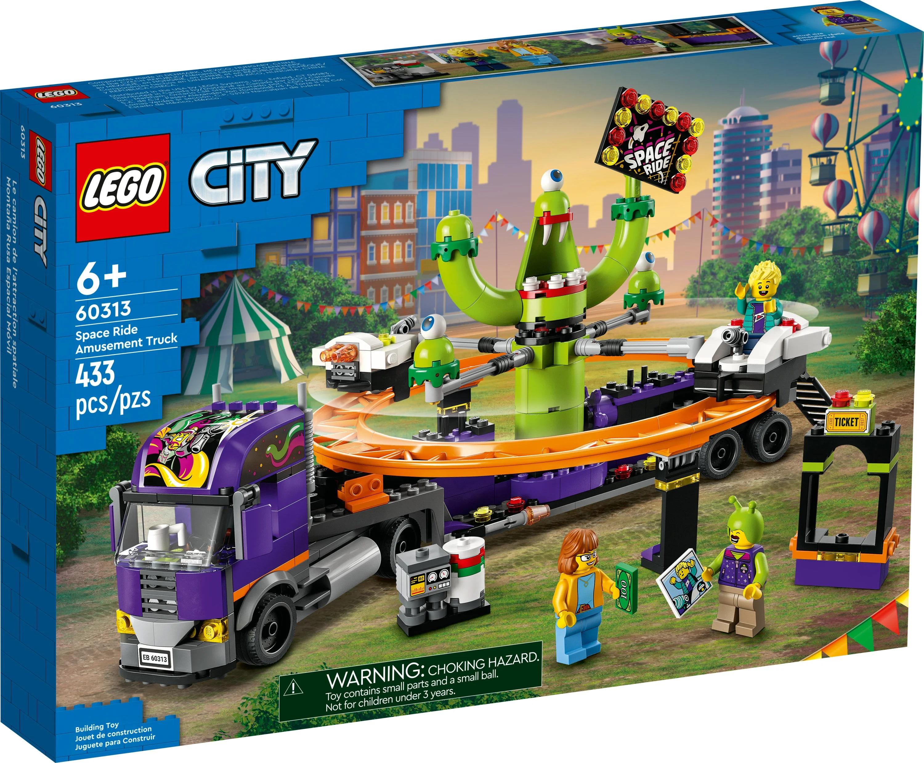 LEGO City Space Ride Amusement Truck Toy, 60813 Gift Idea for Kids 6 Plus Years Old with Trailer, Alien Roller Coaster and 3 Fairground Minifigures