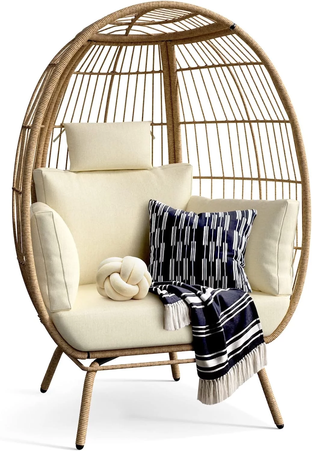 Dextrus Wicker Egg Chair Outdoor Indoor Oversized Lounger with Stand and Cushions Egg Basket Chair for Patio Backyard Porch – Beige