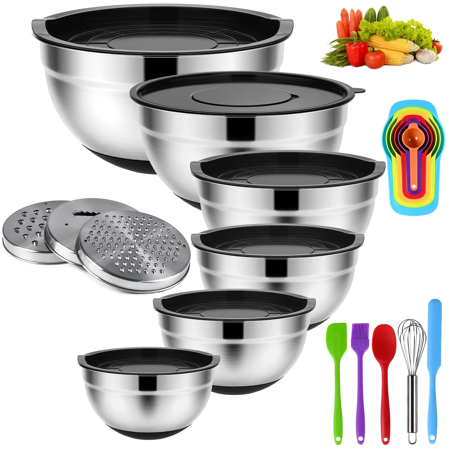 TINANA Mixing Bowls with Lids: 20 Pcs Stainless Steel Mixing Bowls Set with Rubber Bottom, 7, 4, 3.5, 2.5, 2, 1.5QT Metal Mixing Bowls for Kitchen, Multi-Color