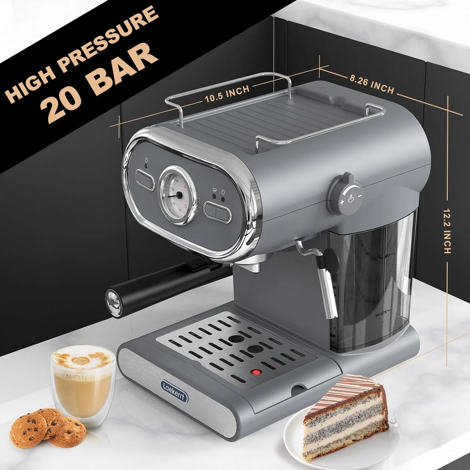 Laekerrt Espresso Machine with Visible Thermometer, 20 Bar Pump Pressure Home Coffee Machine with Milk Frother Steam Wand, 1100W Cappuccino Latte Coffee Maker