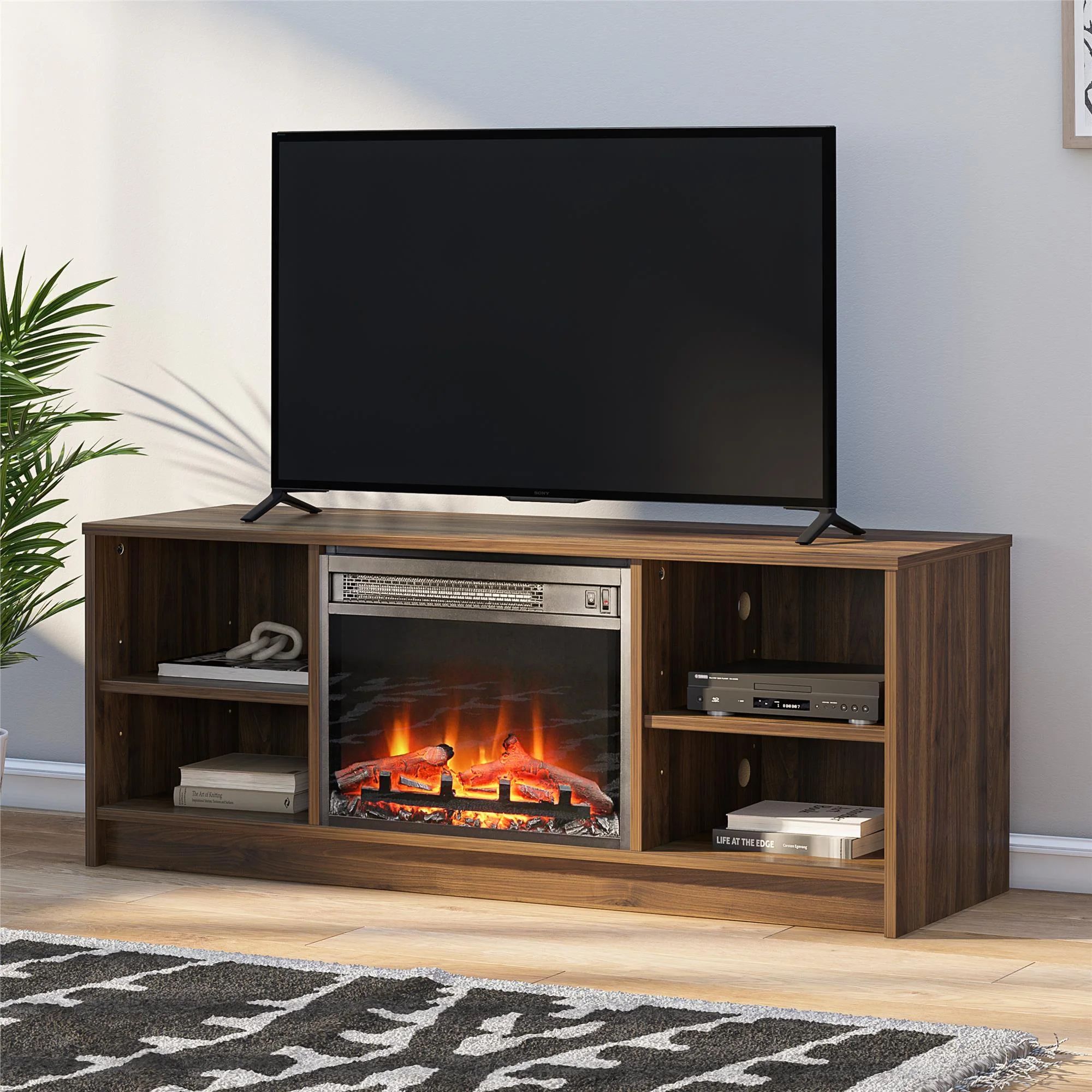 Mainstays Fireplace TV Stand for TVs up to 55″, Black Oak