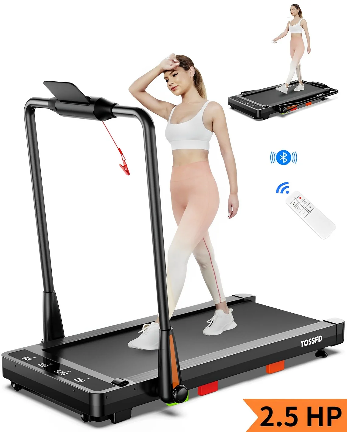 Pooboo 2.5 HP Under Desk Treadmill 2 in 1 Folding Treadmill Brush-less Walking Jogging Machine with App & Remote Control Led Touch Screen Walking Pad for Office Home Use 265lbs