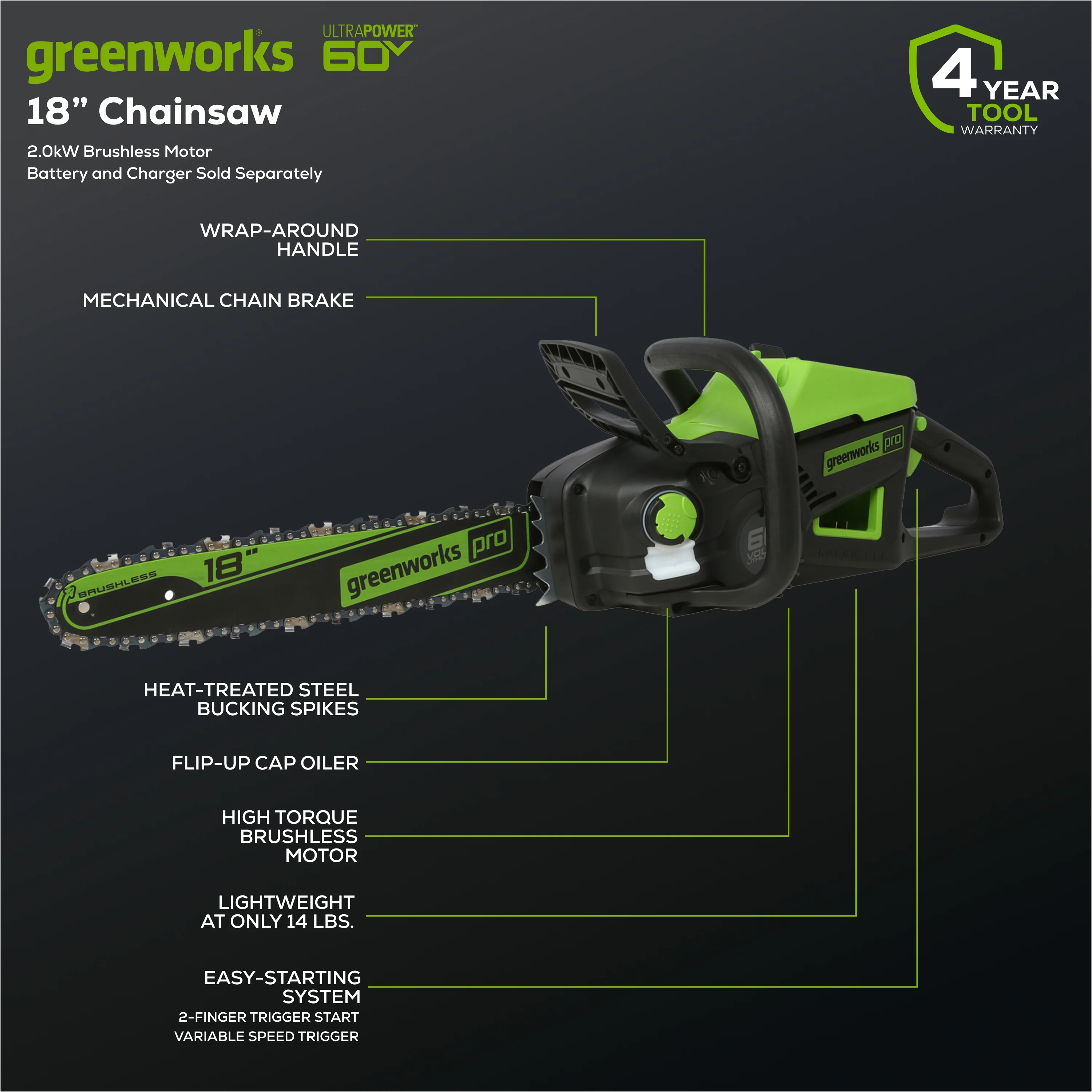 Greenworks 60V 18″ Battery Powered Cordless Chainsaw, Tool Only 2019302T