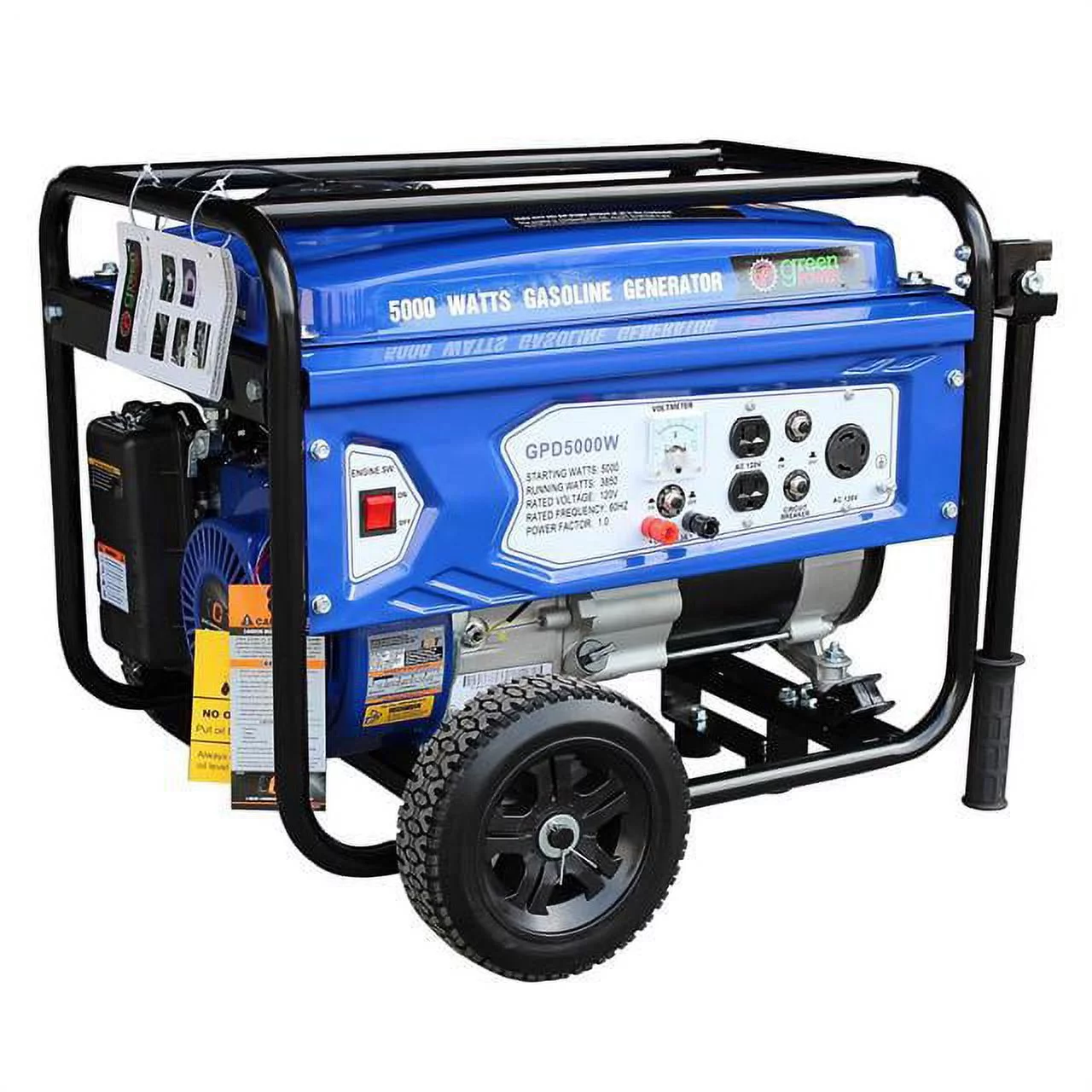 Green-Power America Gasoline Generator Consumer’s Select Series GPD5000W delivers 5000 watts of starting power and 3850 watt of continious power.