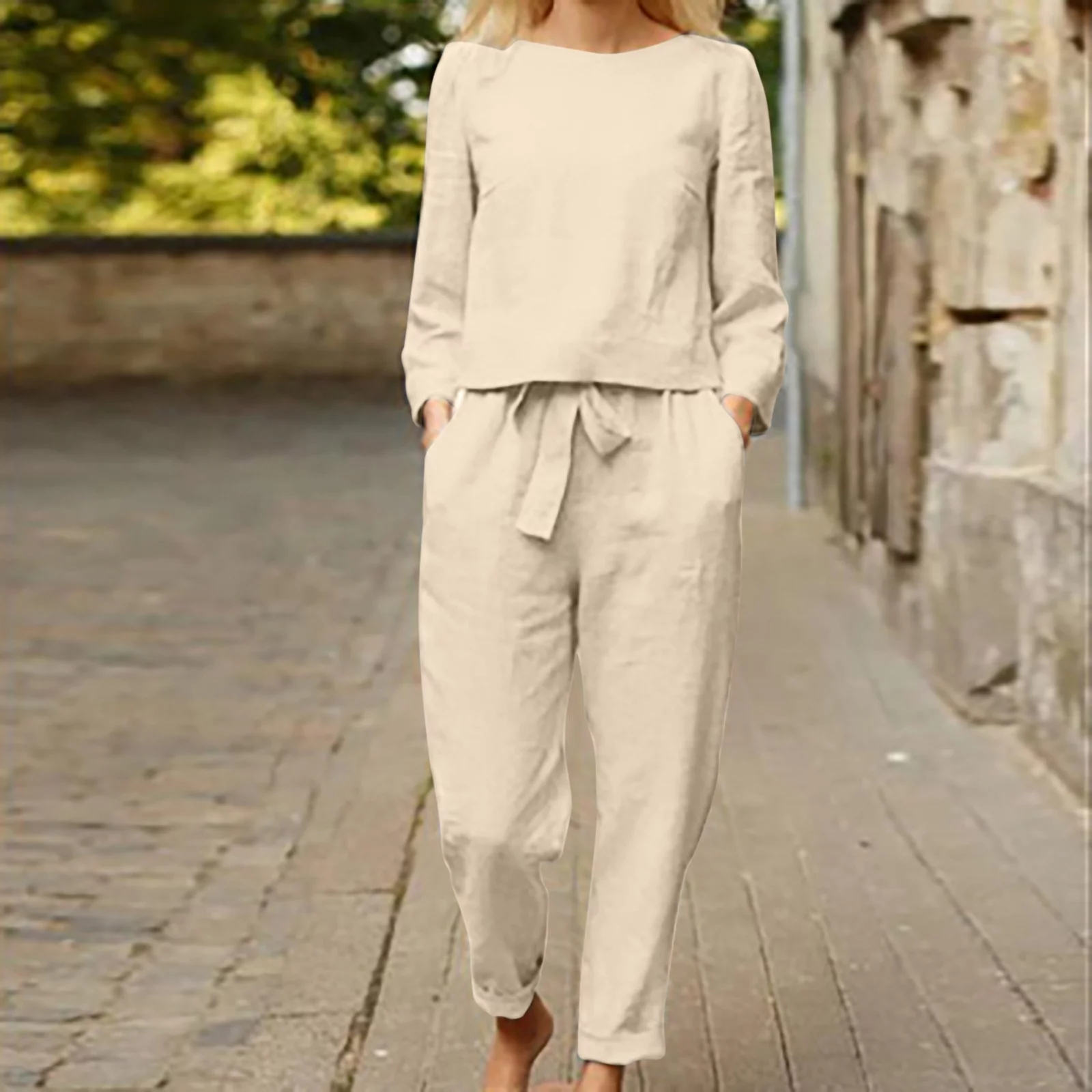 Women’s Casual 2 Piece Outfits Solid Crewneck Long Sleeve Top and Tie Waist Pants Lounge Set Tracksuit with Pockets