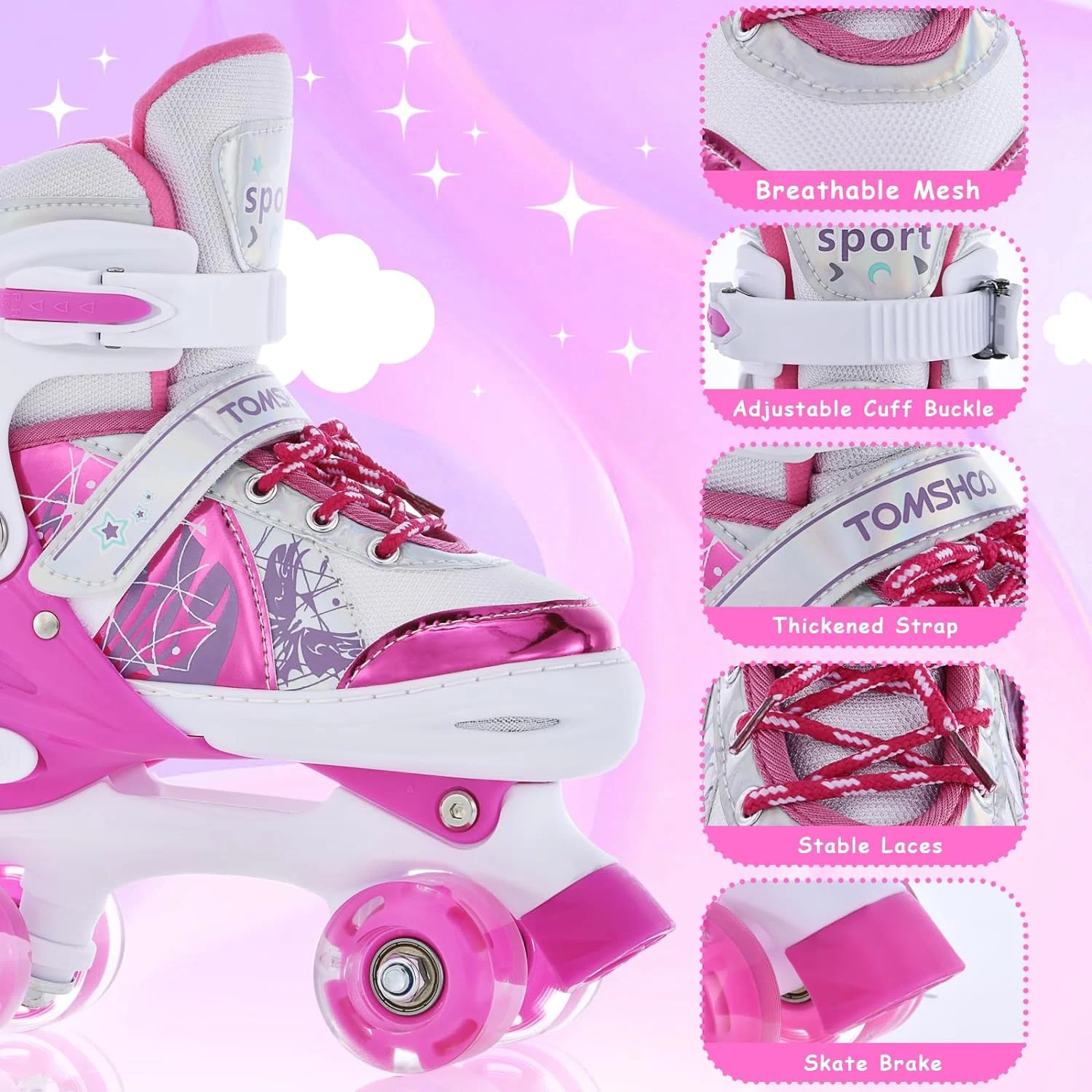 Roller Skates for Girls Boys for Kids 4 Size Adjustable Light Up Purple M