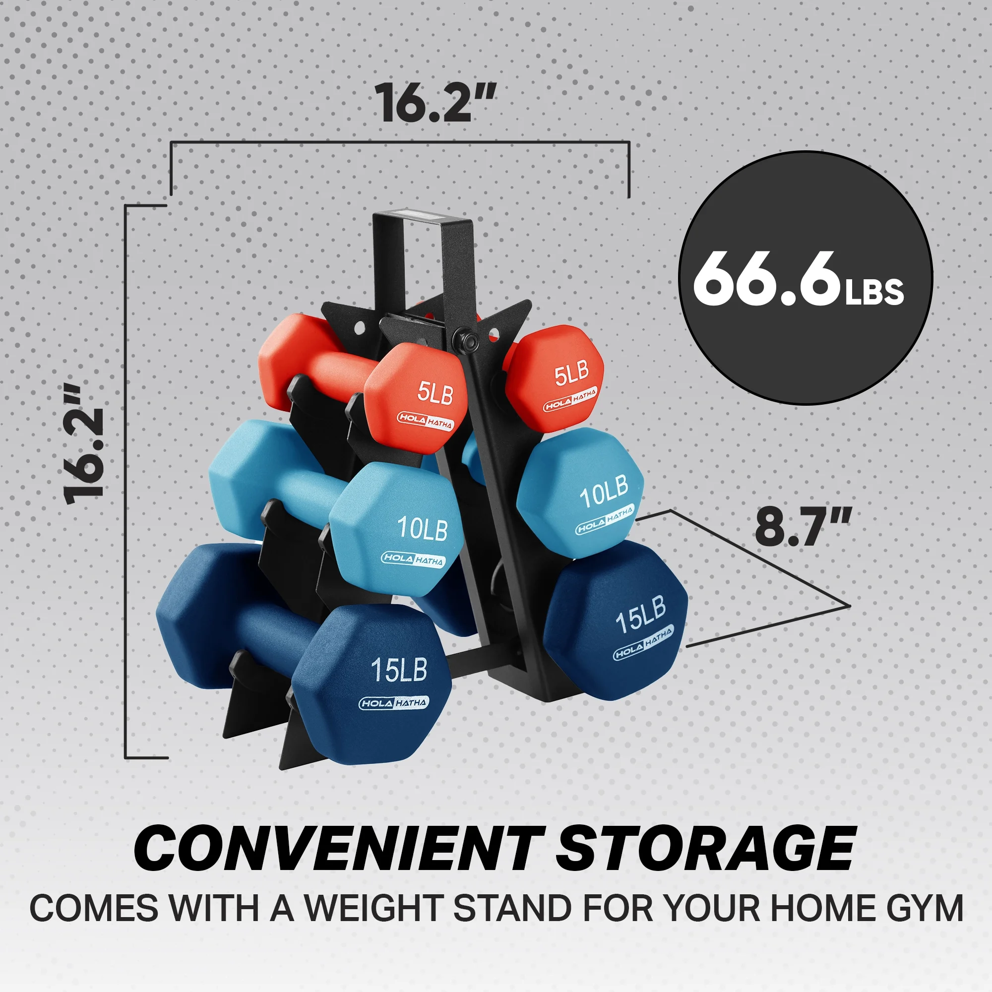 HolaHatha 5, 10 & 15 Pound Neoprene Dumbbell Weight Set with Storage Rack