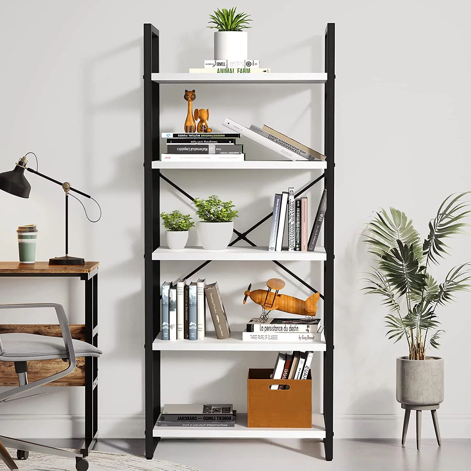 Dextrus 5-Tier Bookcase Storage Shelves, 65 in Ladder Bookshelf, Industrial Furniture for Bedroom Living Room Office, Charcoal Gray &Black