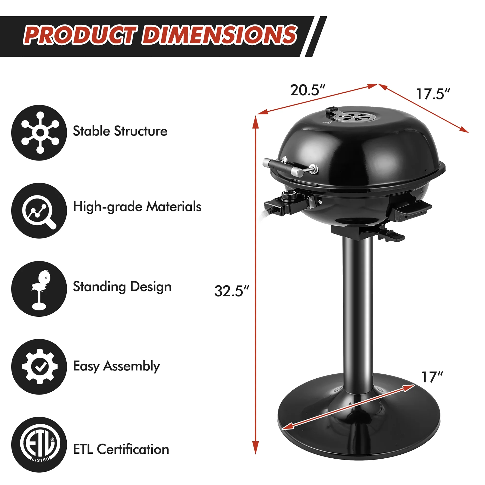 Costway Portable 1600W Electric BBQ Grill withTemperature Control & Grease Collector Black