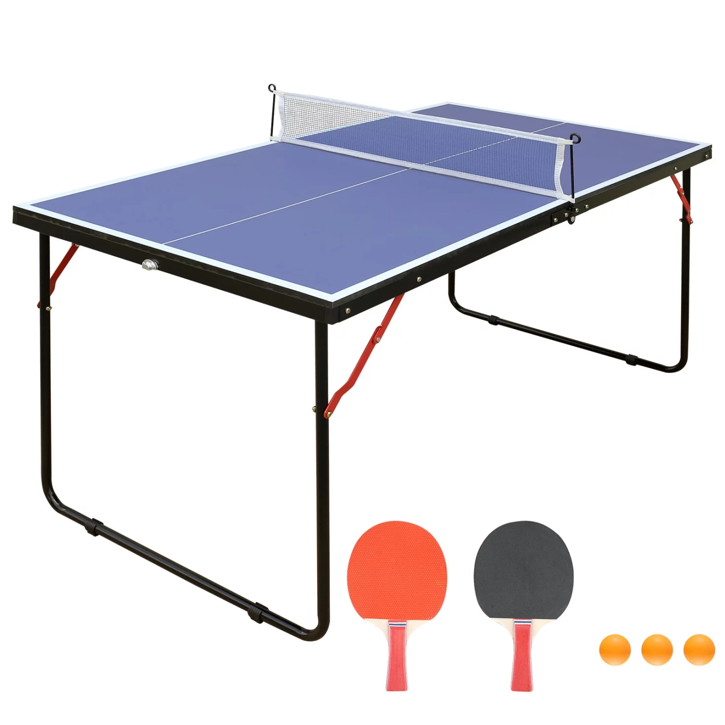 Mid-Size Foldable Ping Pong Table, Mid-Size Portable Table Tennis Table Set with Net, 2 Ping Pong Paddles and 3 Balls, for Indoor Outdoor Game, Noise Free,Blue