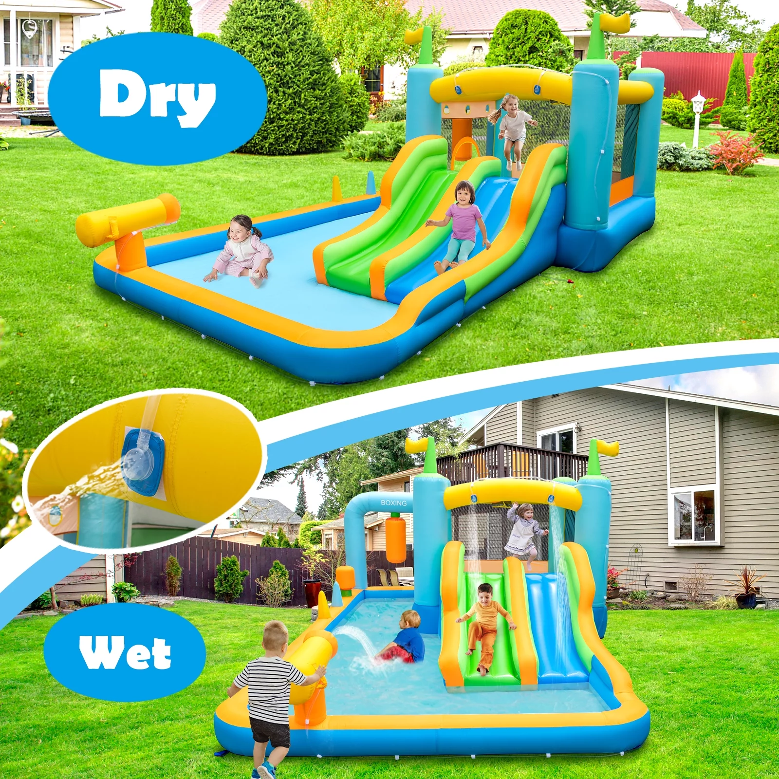 Topbuy Inflatable Water Slide Park Giant Bounce House with Double Long Slides Boxing Splash Pool Jumping Area w/735W Blower