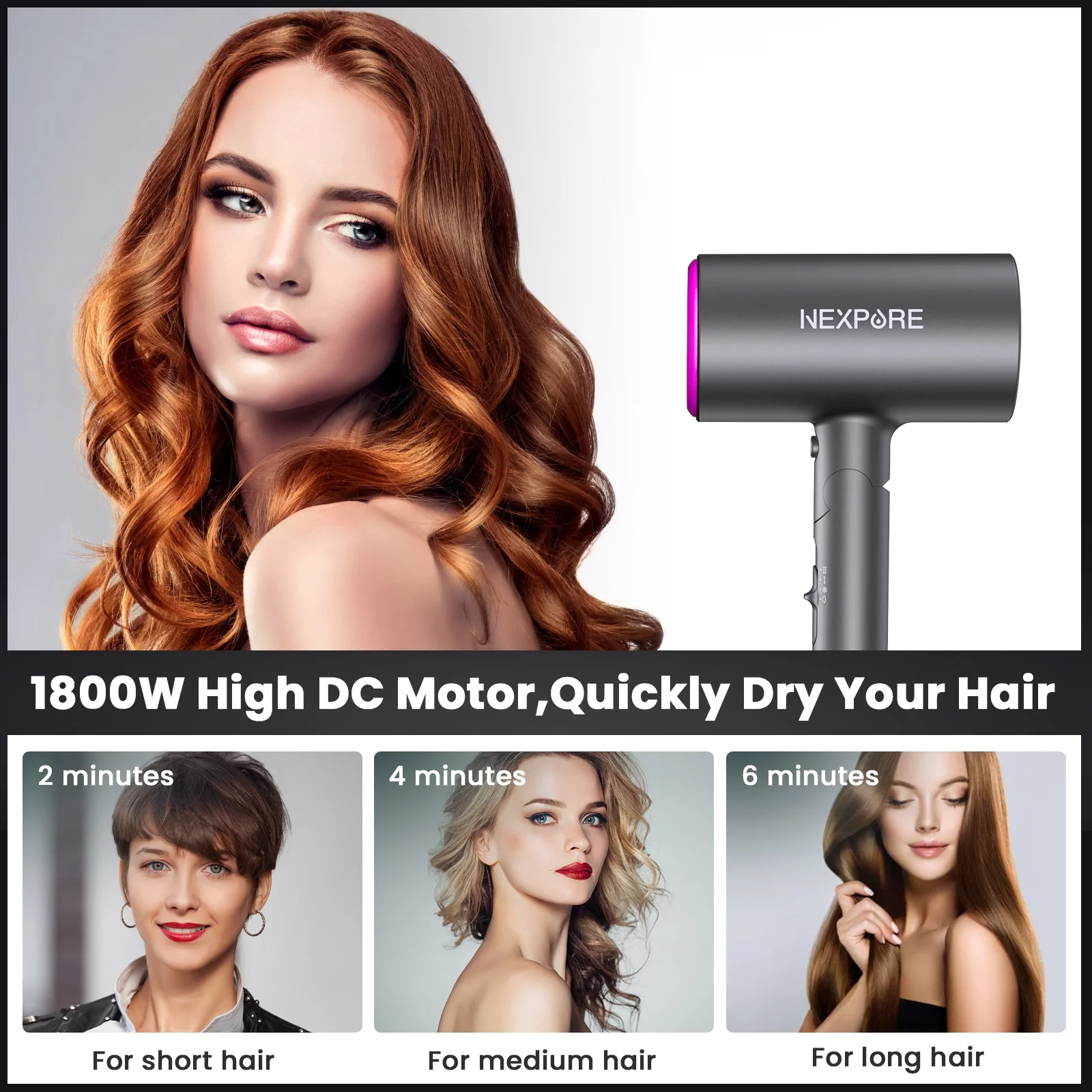 Hair Dryer, NEXPURE 1800W Professional Ionic Hairdryer for Hair Care, Powerful Hot/Cool Wind Blow Dryer with Diffuser, Nozzle, ETL, UL and ALCI Safety Plug (Dark Grey)