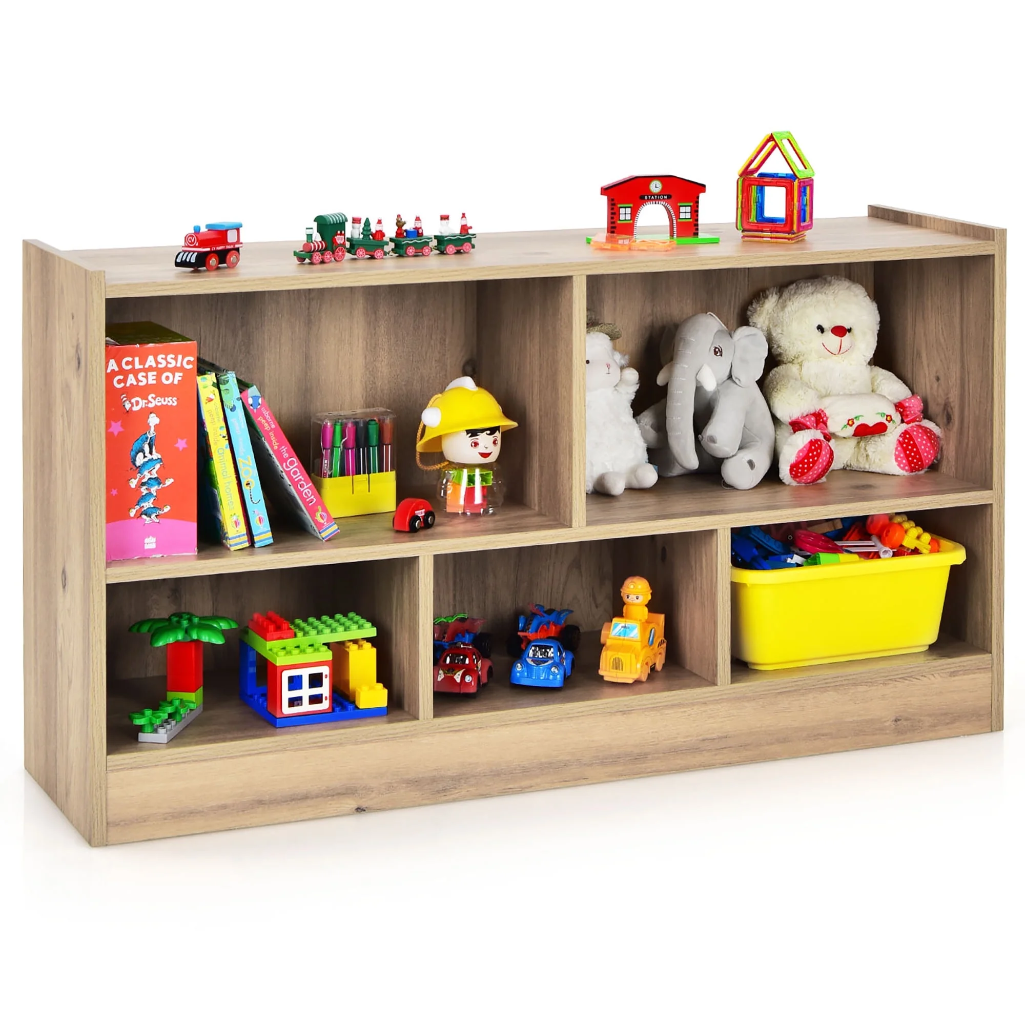 Costway Kids 2-Shelf Bookcase 5-Cube Wood Toy Storage Cabinet Organizer White