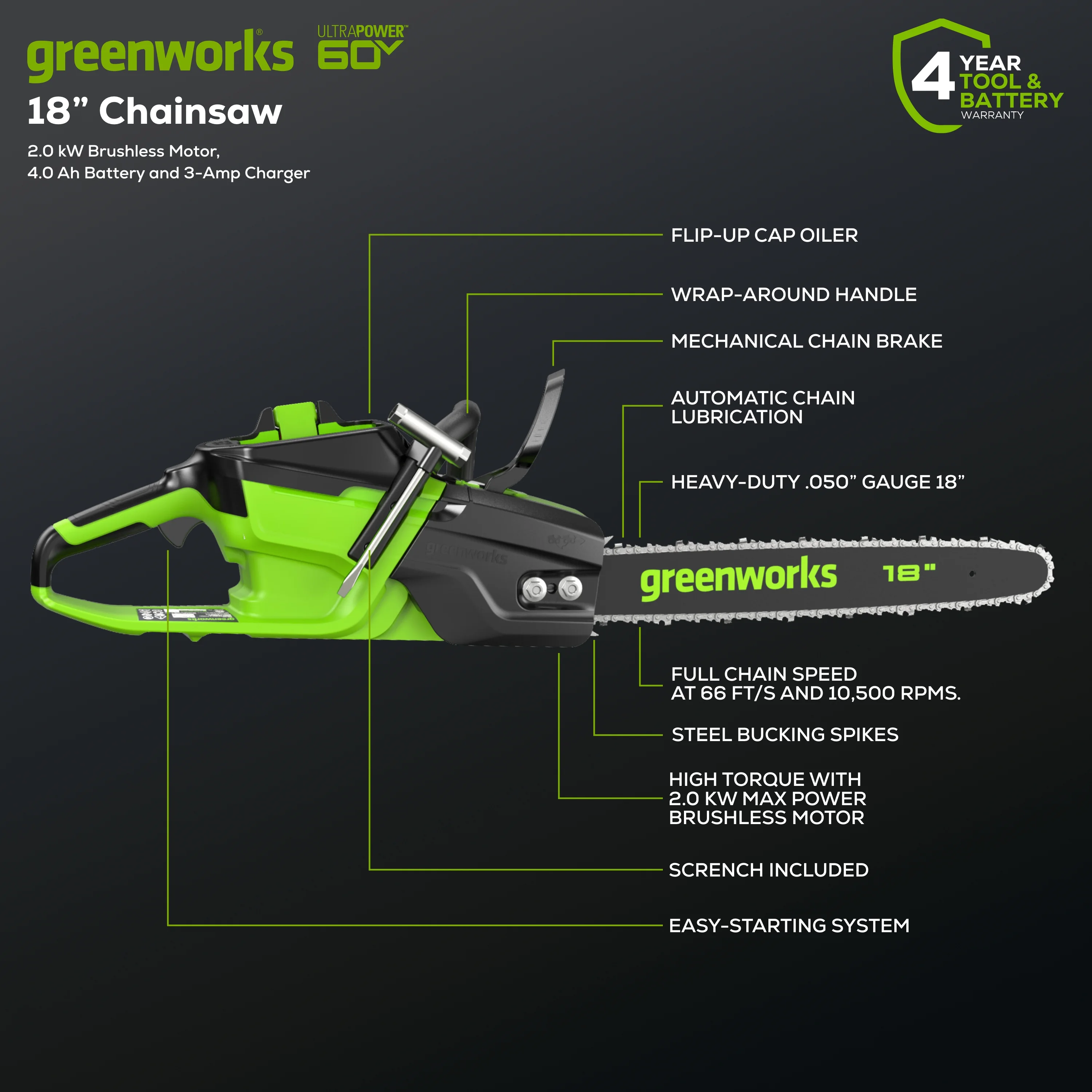 Greenworks 60V 18″ 2.0kW Brushless Chainsaw with 4.0 Ah Battery & 3 Amp Charger 2028502