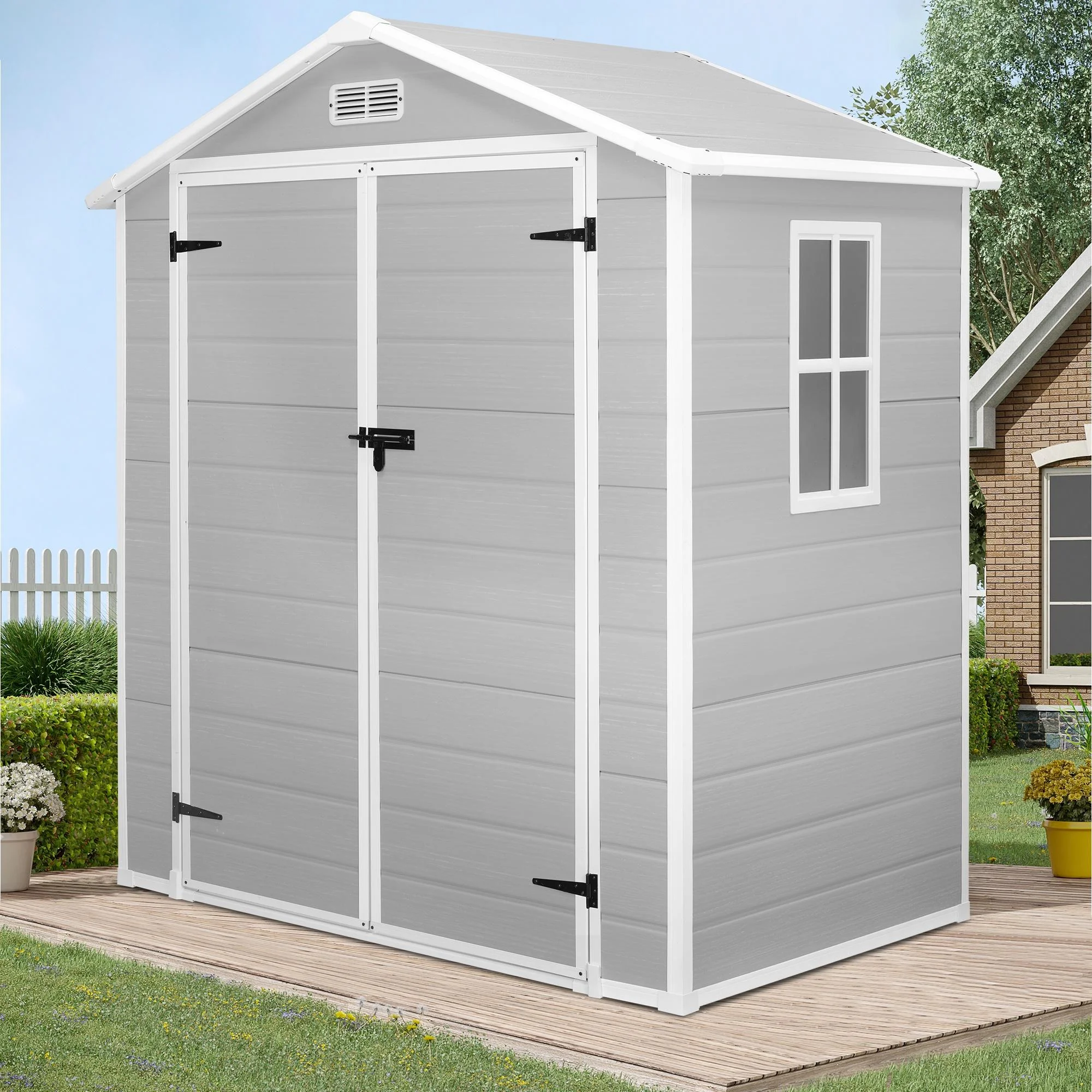 6′ x 4.4′ Plastic Outdoor Shed, All-Weather Resin Large Backyard Storage Sheds with Reinforced Floor, Lockable Door Garage Patio Garden Storage Shed