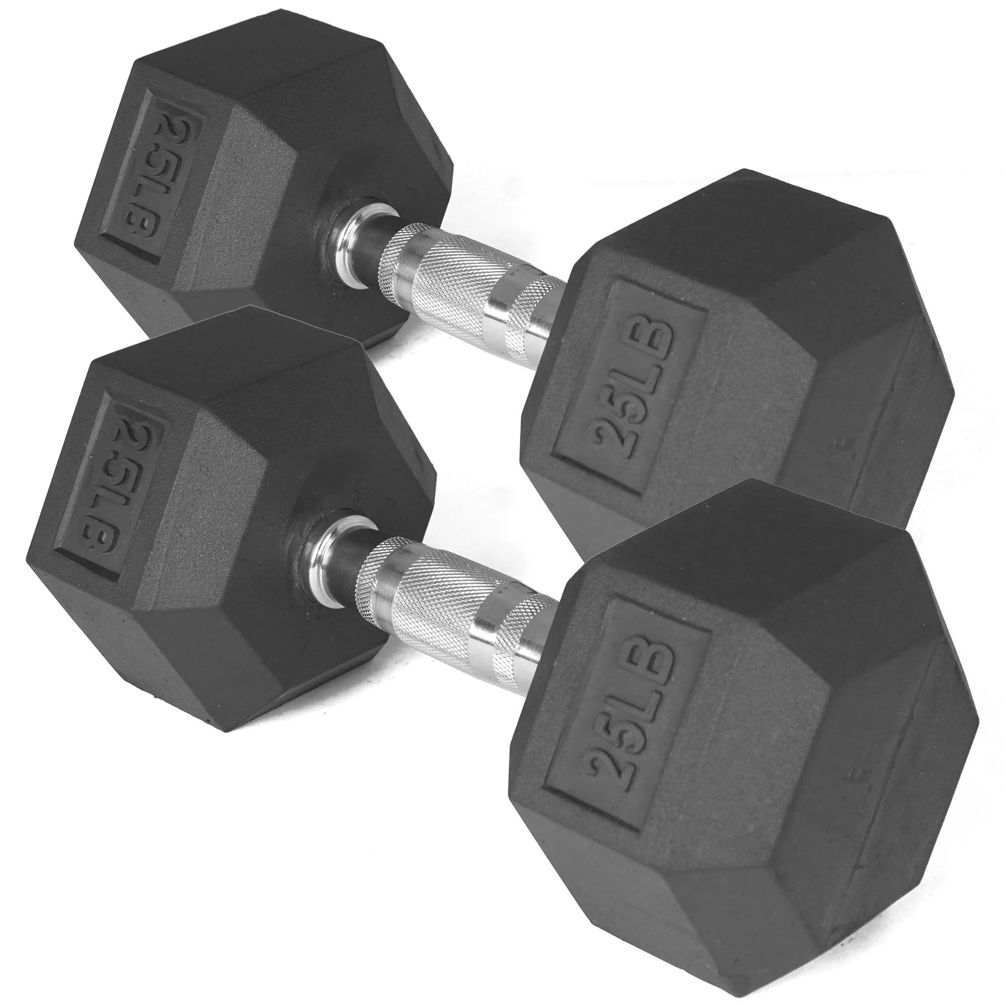 Titan Fitness Pair of 25 lb Black Rubber Coated Hex Dumbbells Weight Training Set, 50 lb