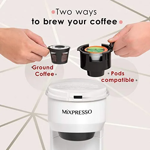 Mixpresso 2 in 1 Single Serve Coffee Machine Mini Coffee Maker Compact K Cup Compatible, White 14 Oz