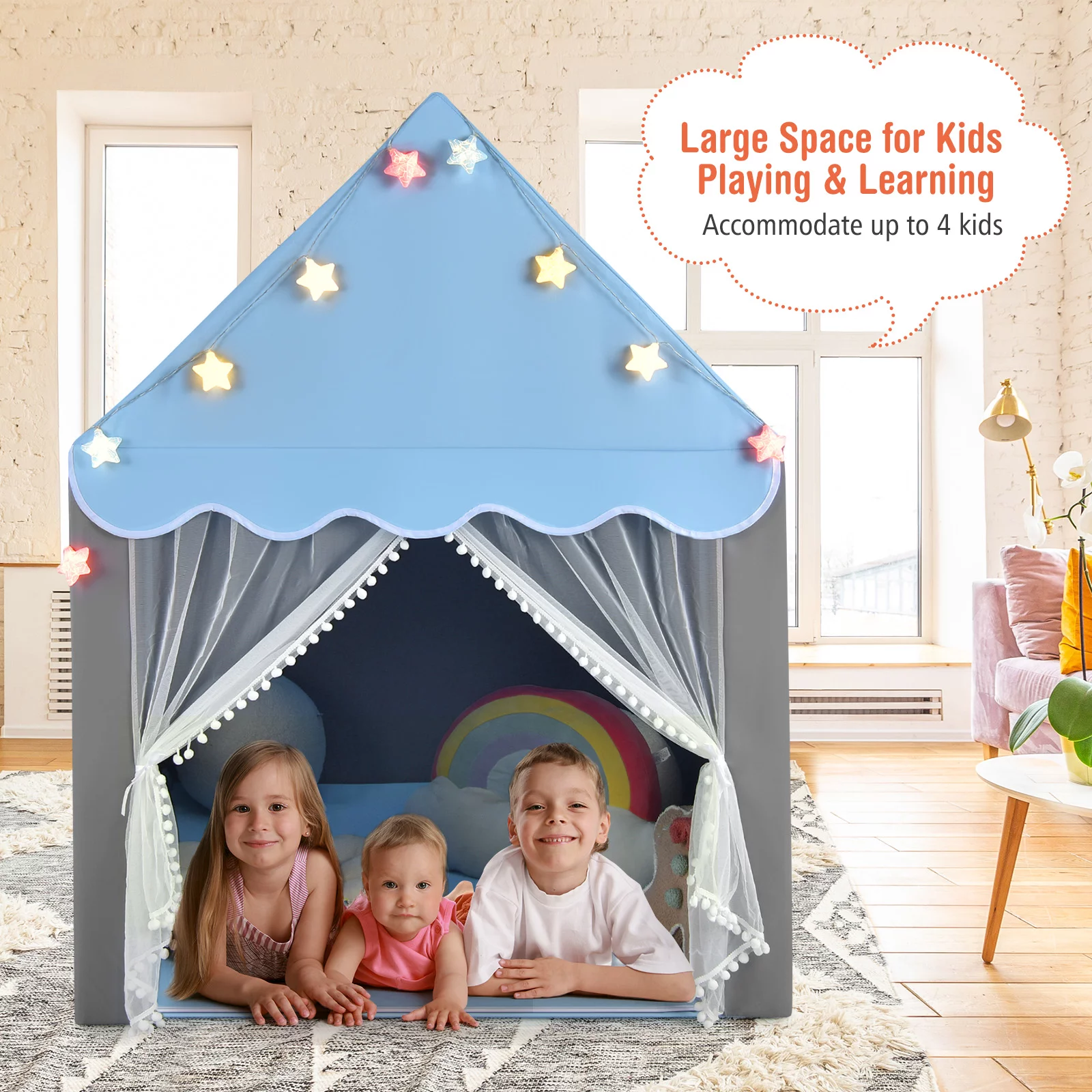 Infans Kids Playhouse Tent Large Castle Fairy TentGift w/Star Lights Mat Blue