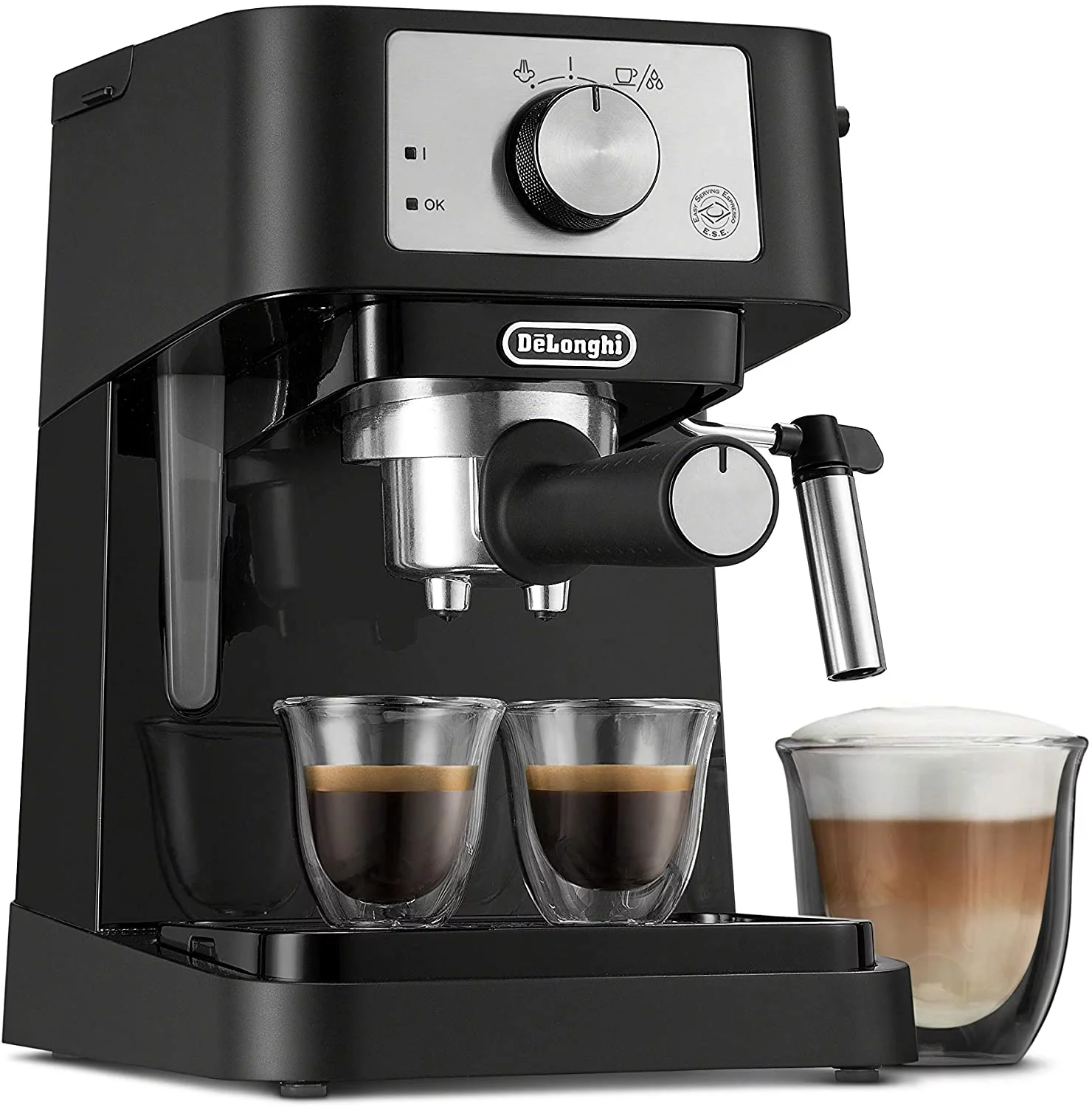 De'Longhi Stilosa Manual Espresso Machine  Latte & Cappuccino Maker  15 Bar Pump Pressure + Milk Frother Steam Wand  Black / Stainless  EC260BK