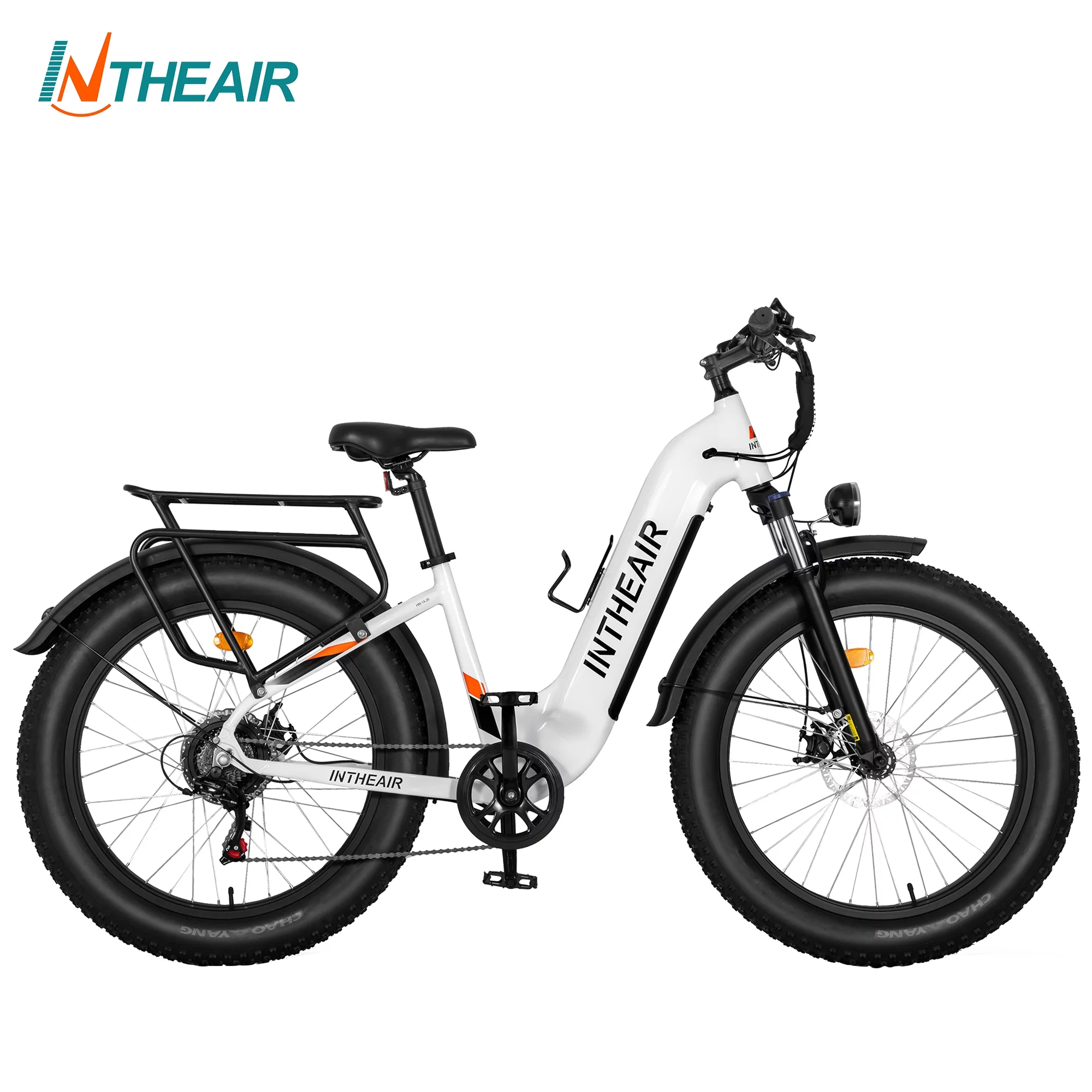 INTHEAIR Rocket-ST Electric Bike 26″ x 4.0 Fat Tire Step-Thru ebike For Adults 750W Motor 48V 14.5A Battery Shimano 7 Speed White