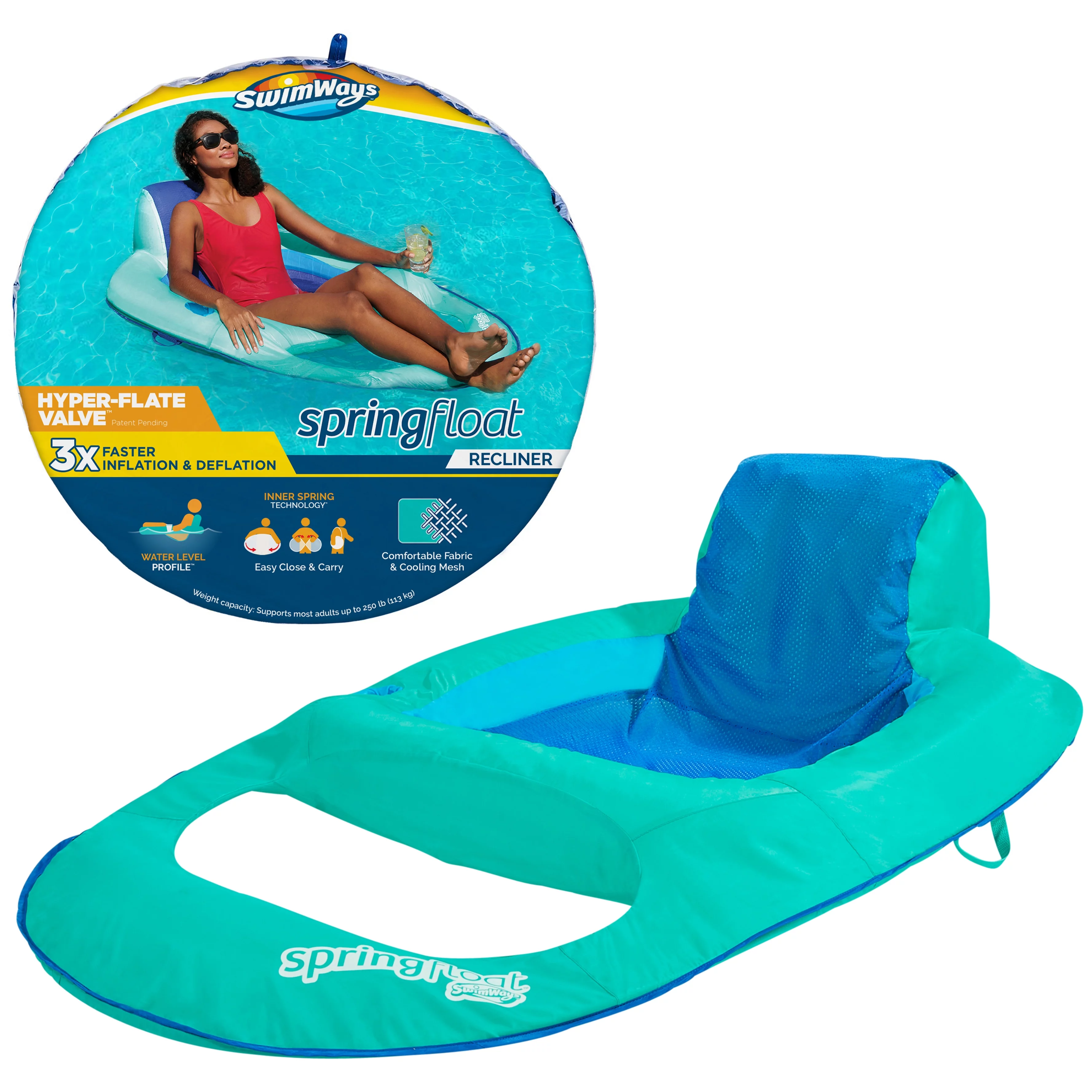 SwimWays Spring Float Recliner Pool Lounger with Hyper-Flate Valve