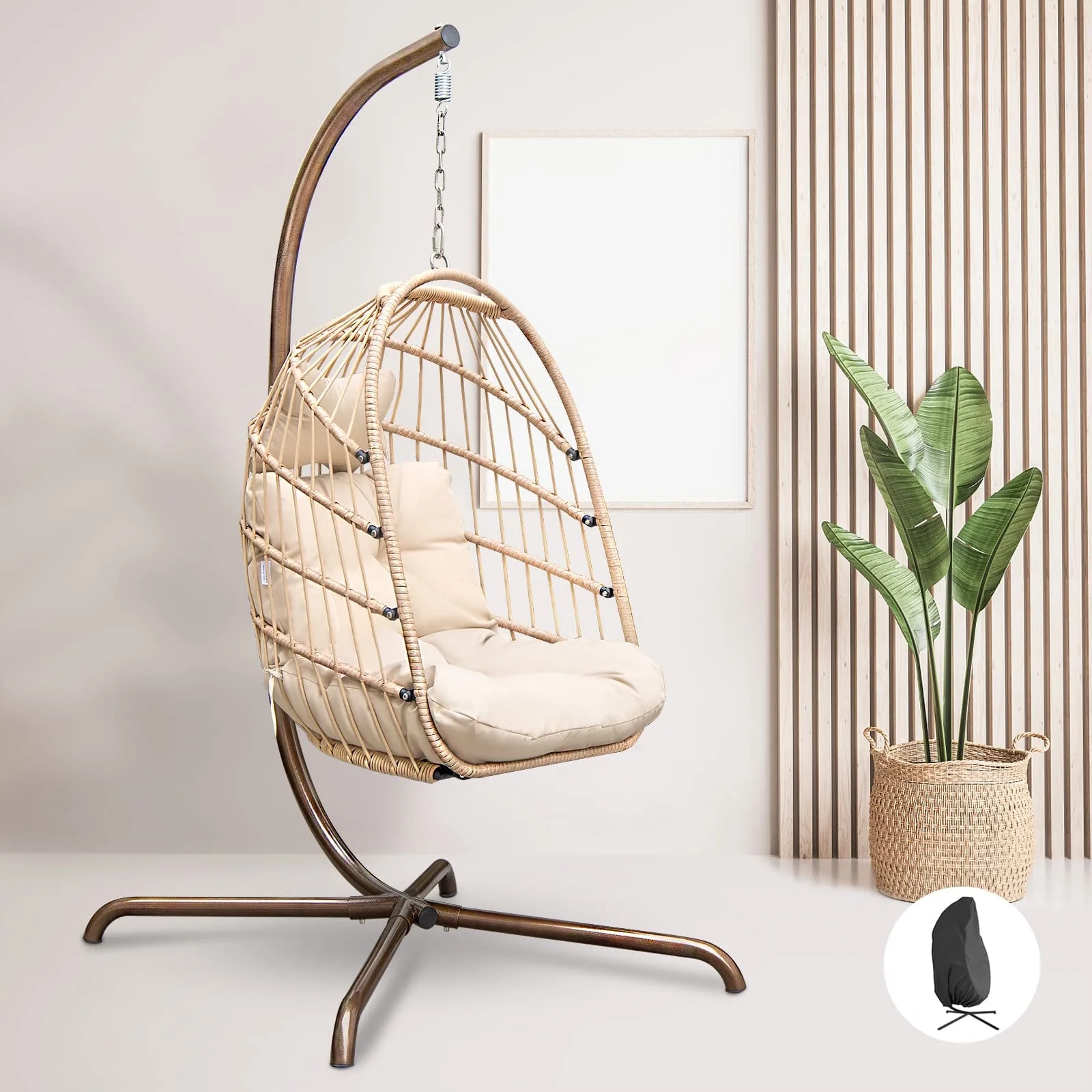 Nicesoul Foldable PE Wicker Brown Hanging Egg Chair With Stand Swing Chair With Cushion and Pillow Capacity 350lbs