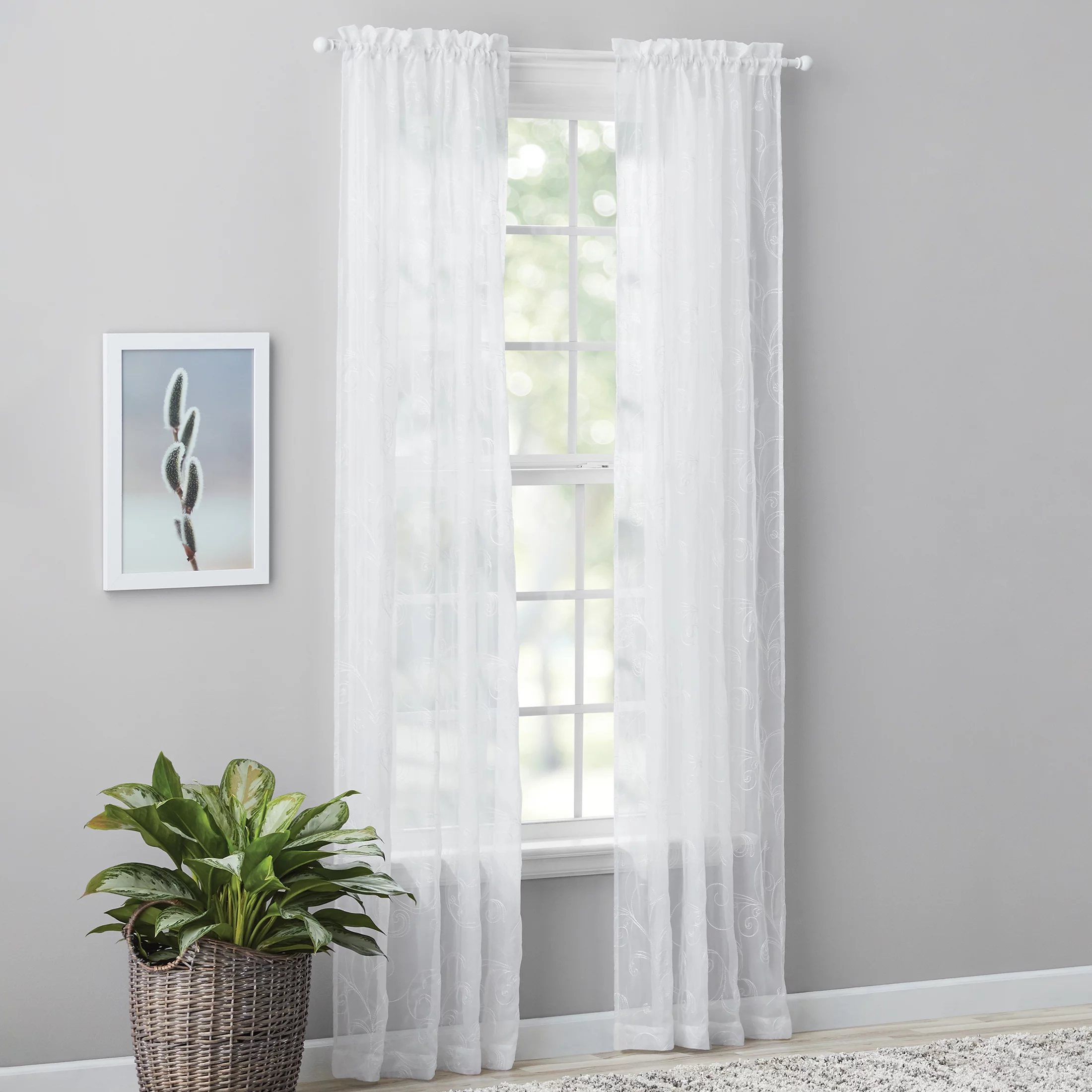 Mainstays Embroidered Scroll Rod Pocket Sheer Curtain Panel, White/White, 38″ x 84″