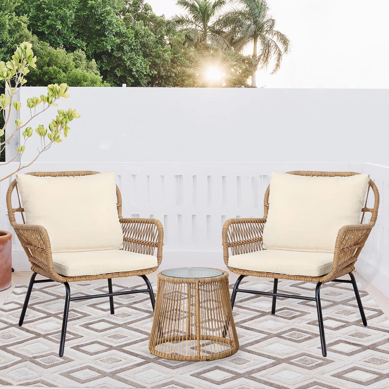 NICESOUL Boho Patio Wicker Furniture Outdoor Sectional Sofa Conversation Sets Beige Color