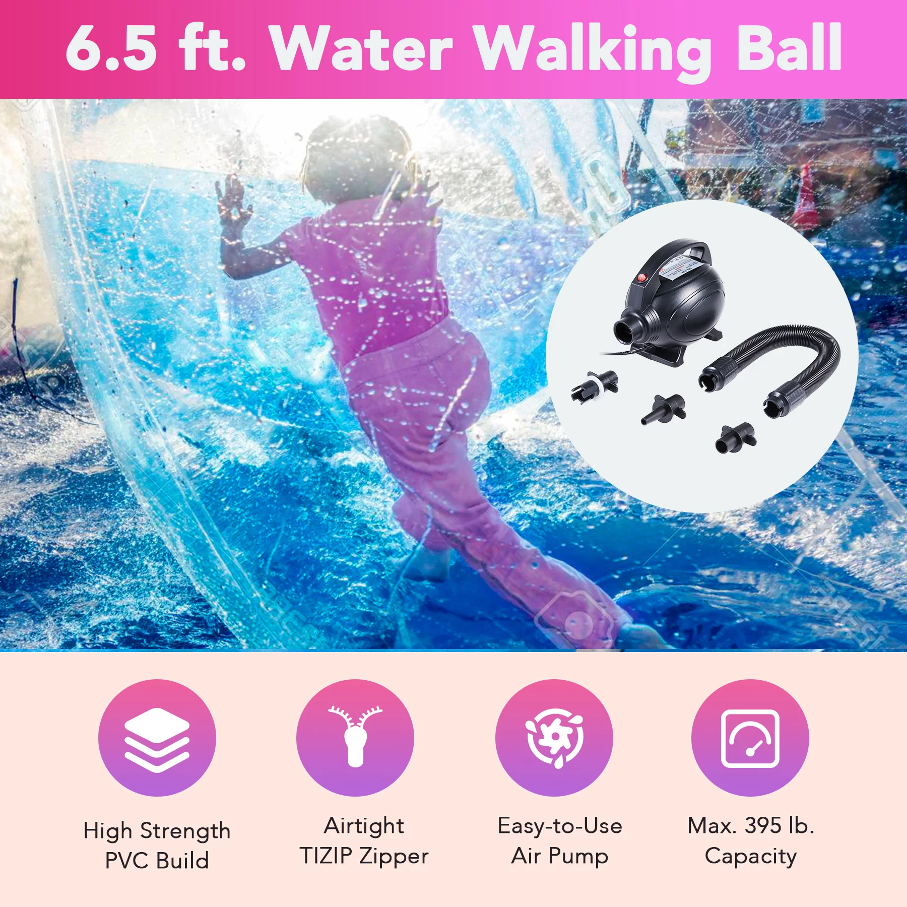 PVC 2M 6.5ft Water Walking Inflatable Ball Zorb Ball German Zipper 180KG