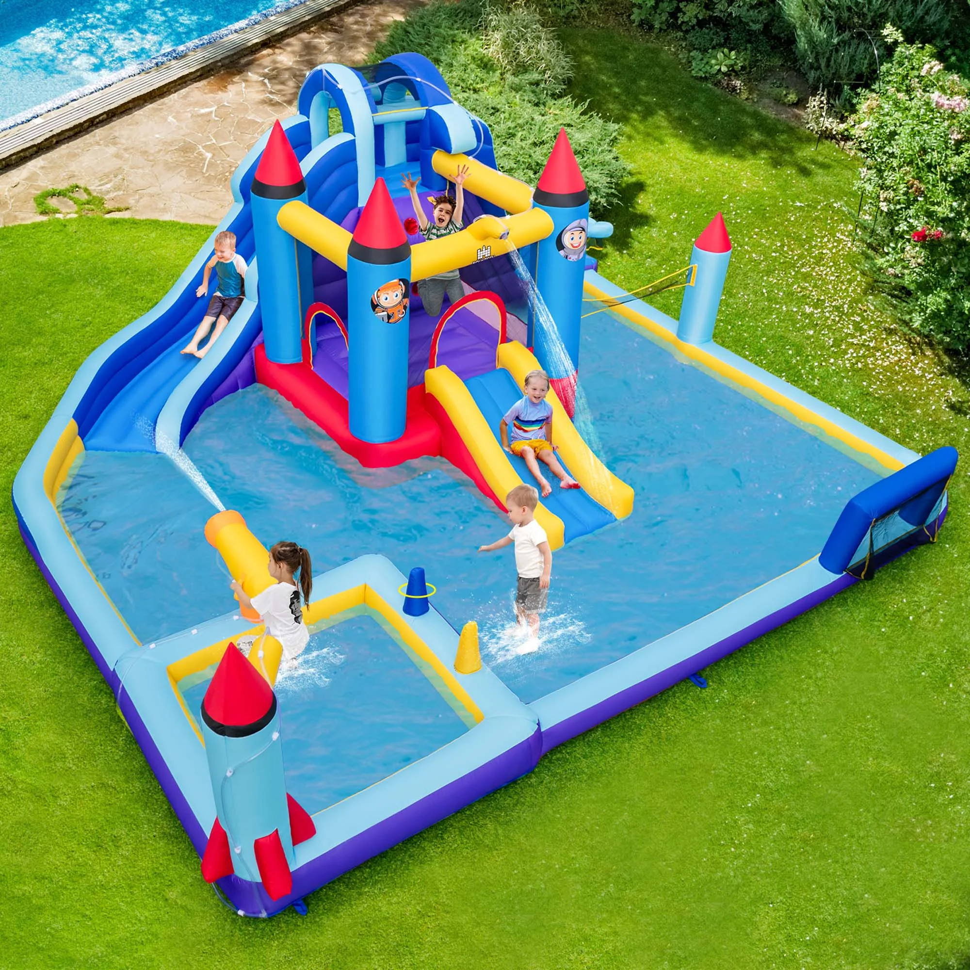 Costway Rocket Theme Inflatable Water Slide Park with 2 Slides Splash Pool without Blower