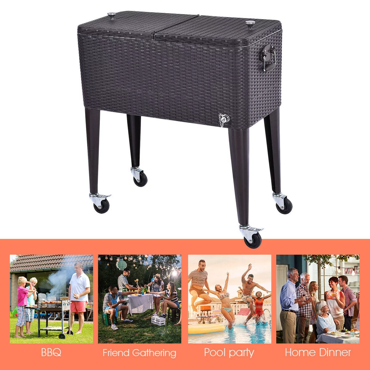 Costway Outdoor Rattan 80QT Party Portable Rolling Cooler Cart Ice Beer Beverage Chest