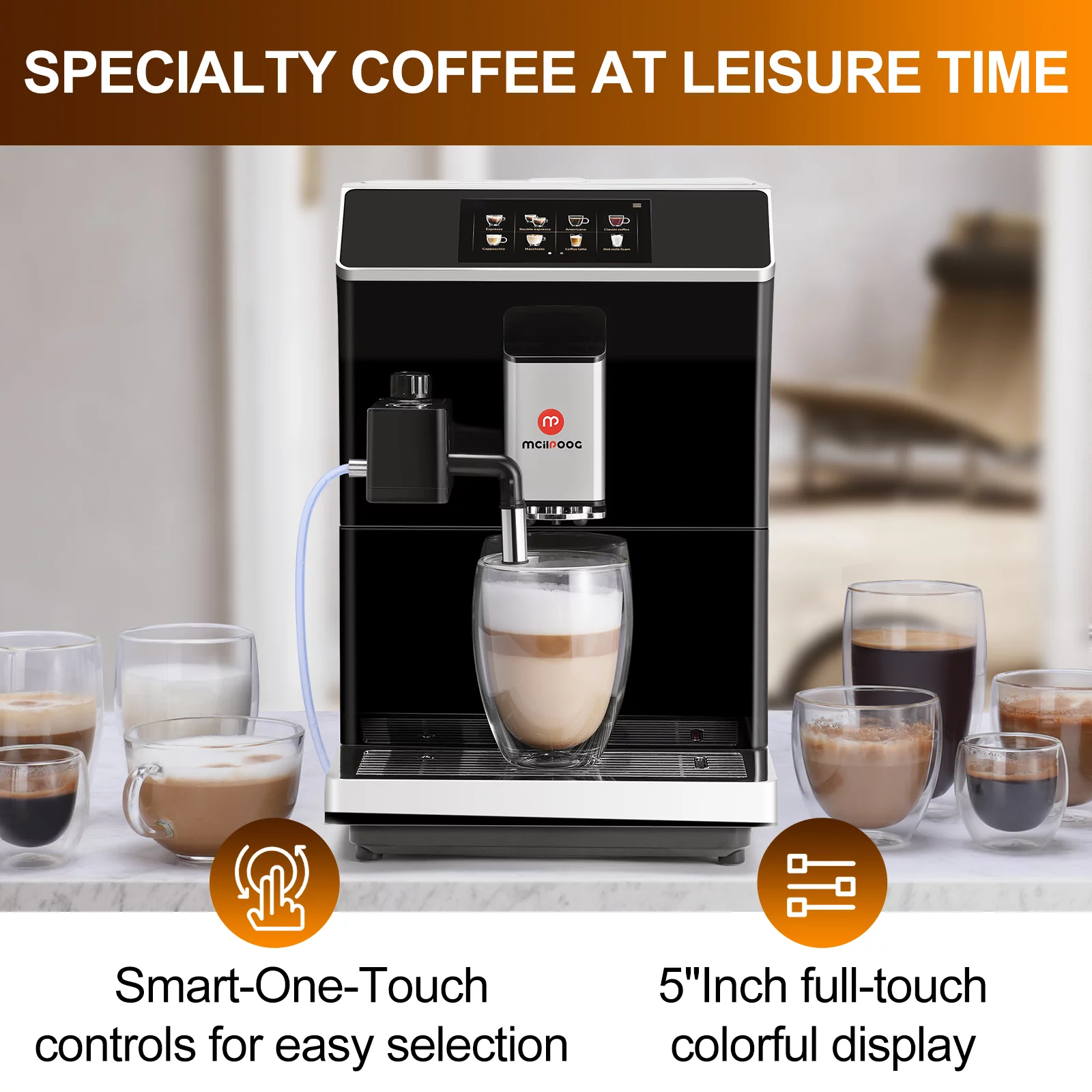 Mcilpoog WS-203 Super automatic Espresso Coffee Machine with Smart Touch Screen for Brewing 16 Coffee Drinks, Black